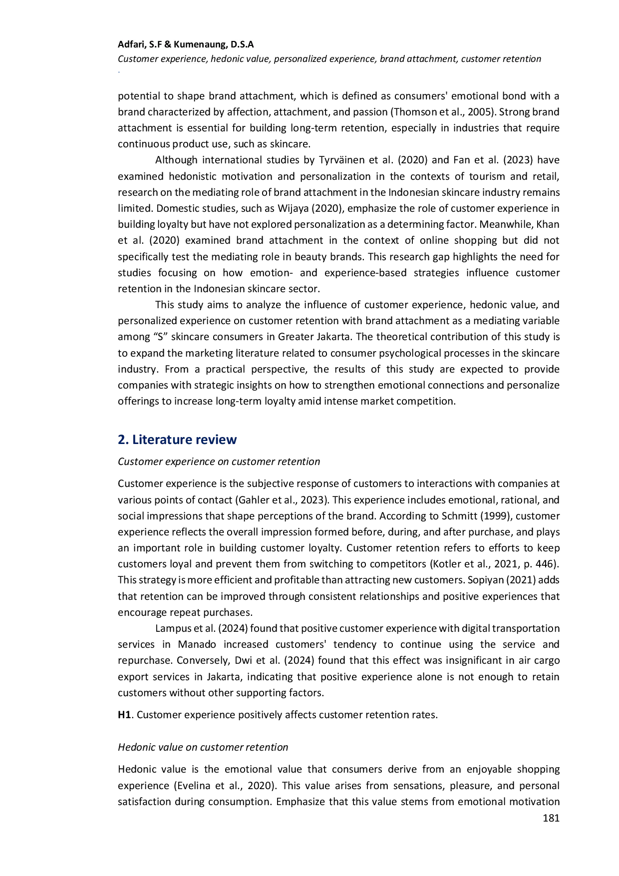 JURIS Brand attachment in mediating of customer experience hedonic value and personalized experience on customer retention