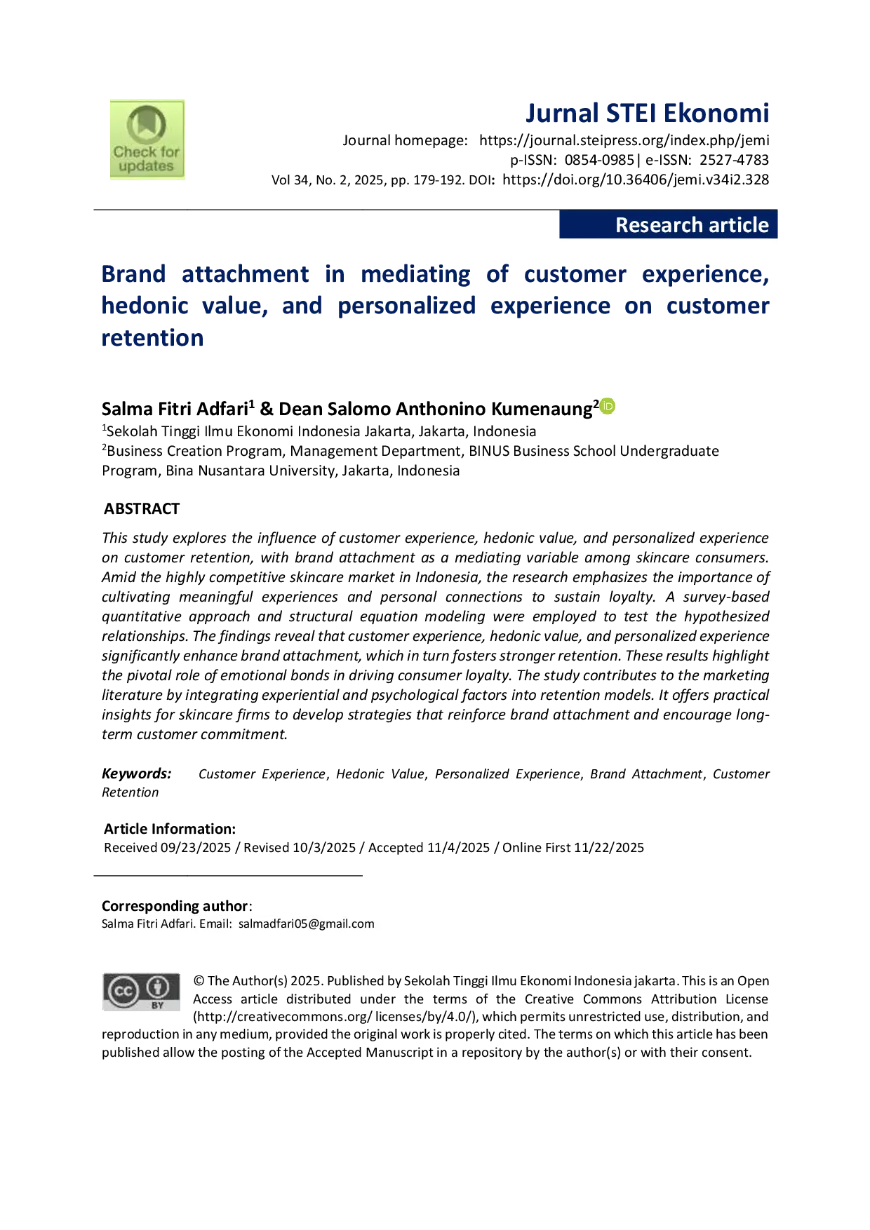 JURIS Brand attachment in mediating of customer experience hedonic value and personalized experience on customer retention