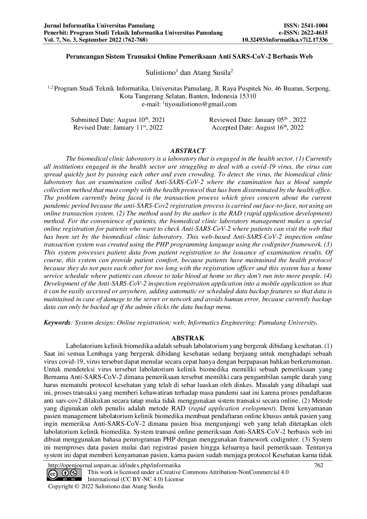 JURIS Perancangan Sistem Transaksi Online Pemeriksaan Anti SARS COV2 Berbasis Web