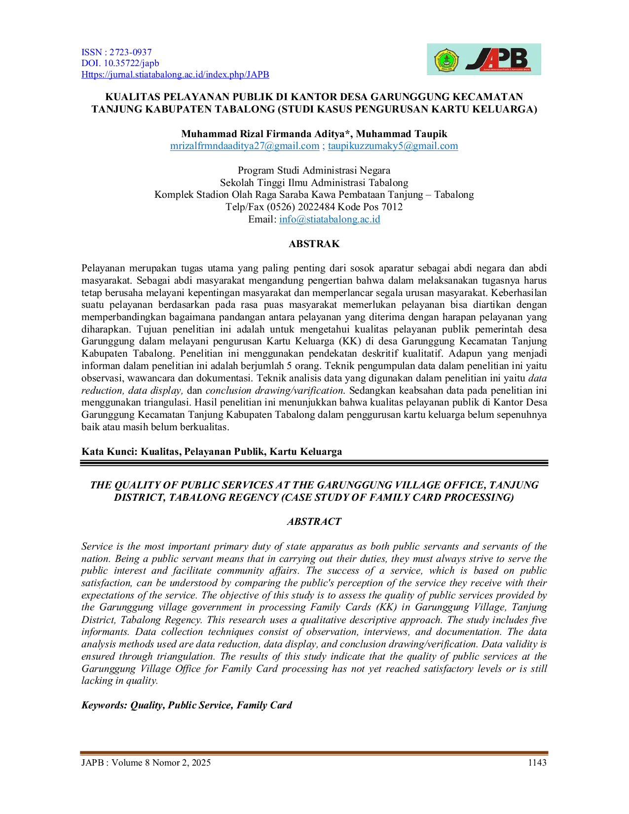 JURIS Kualitas Pelayanan Publik Di Kantor Desa Garunggung Kecamatan Tanjung Kabupaten Tabalong Studi Kasus Pengurusan Kartu Keluarga