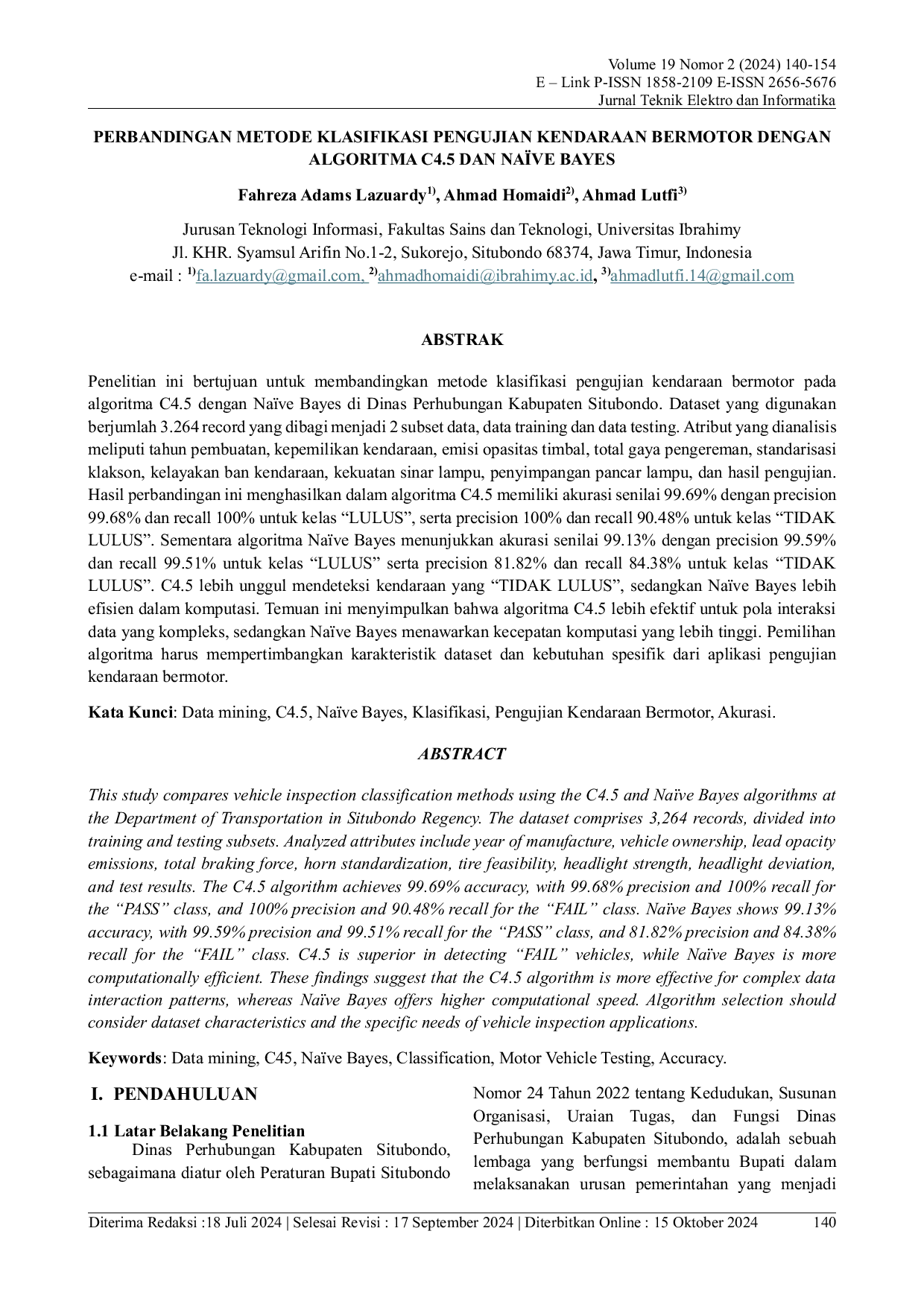 JURIS Perbandingan Metode Klasifikasi Pengujian Kendaraan Bermotor Dengan Algoritma C4 5 Dan Na ve Bayes