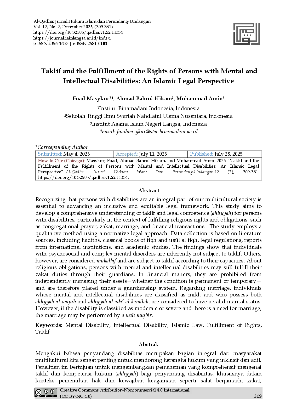 juris Taklif and the Fulfillment of the Rights of Persons with Mental and Intellectual Disabilities An Islamic Legal Perspective
