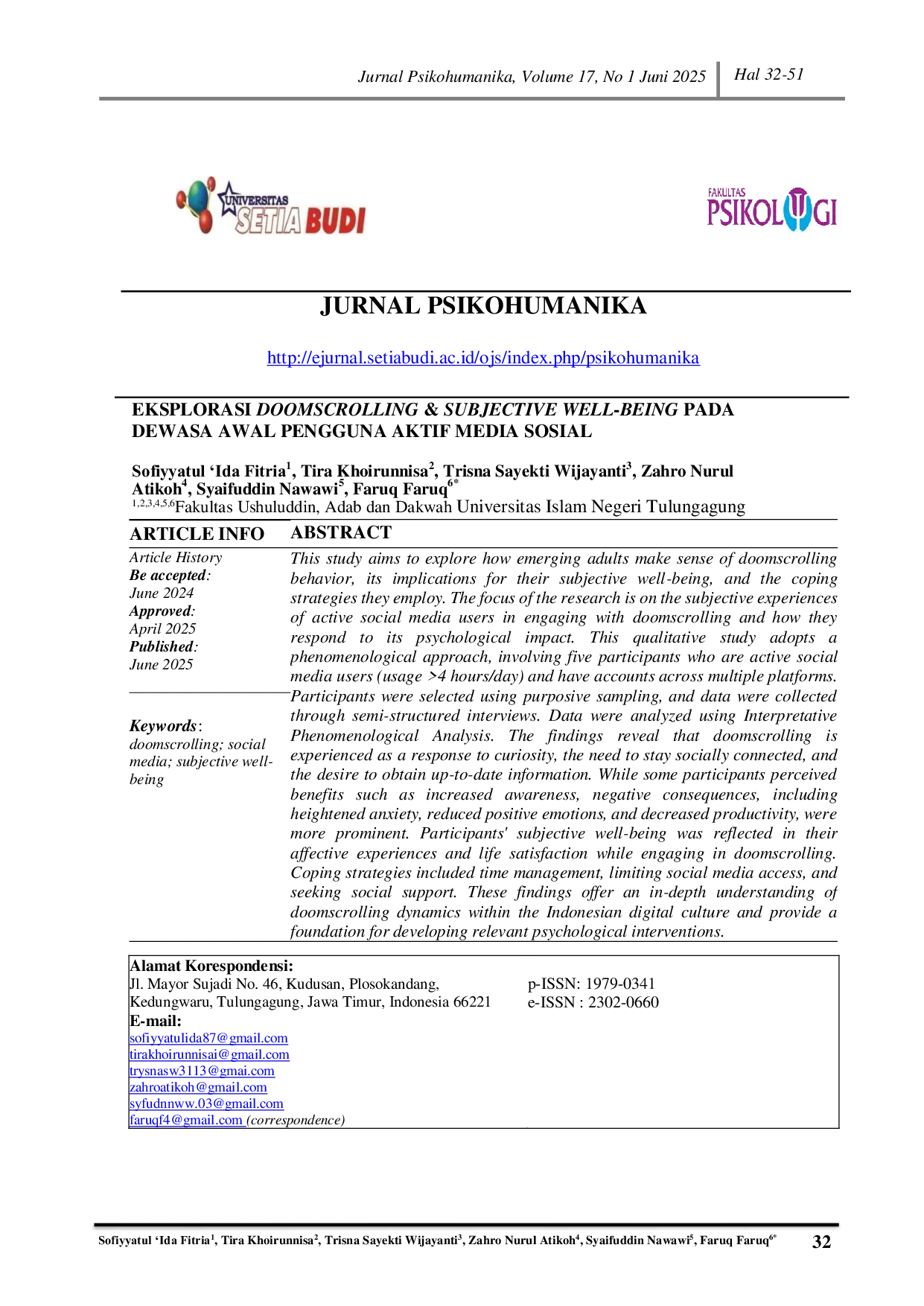JURIS Eksplorasi Doomscrolling Subjective Well Being Pada Dewasa Awal Pengguna Aktif Media Sosial