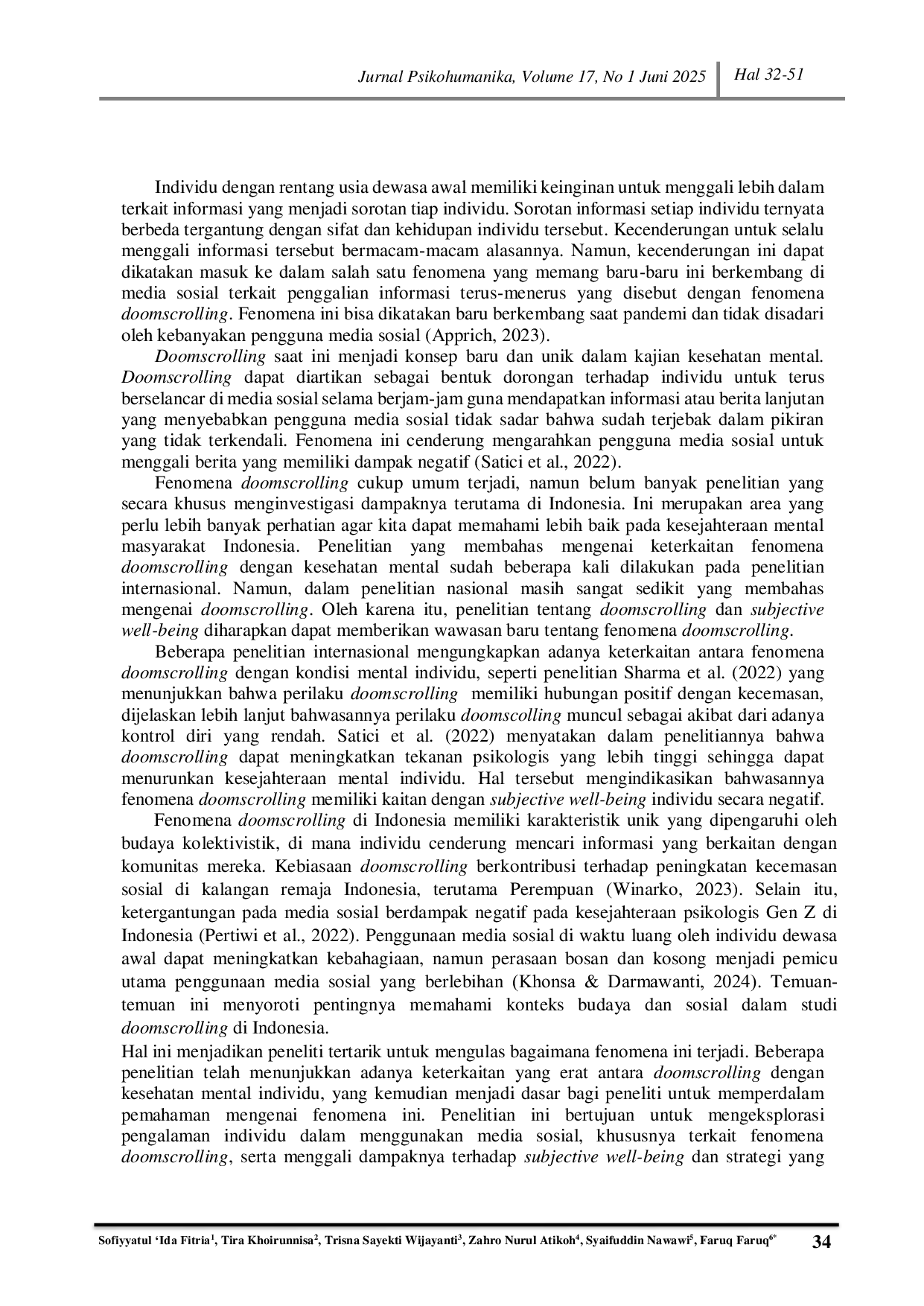 JURIS Eksplorasi Doomscrolling Subjective Well Being Pada Dewasa Awal Pengguna Aktif Media Sosial