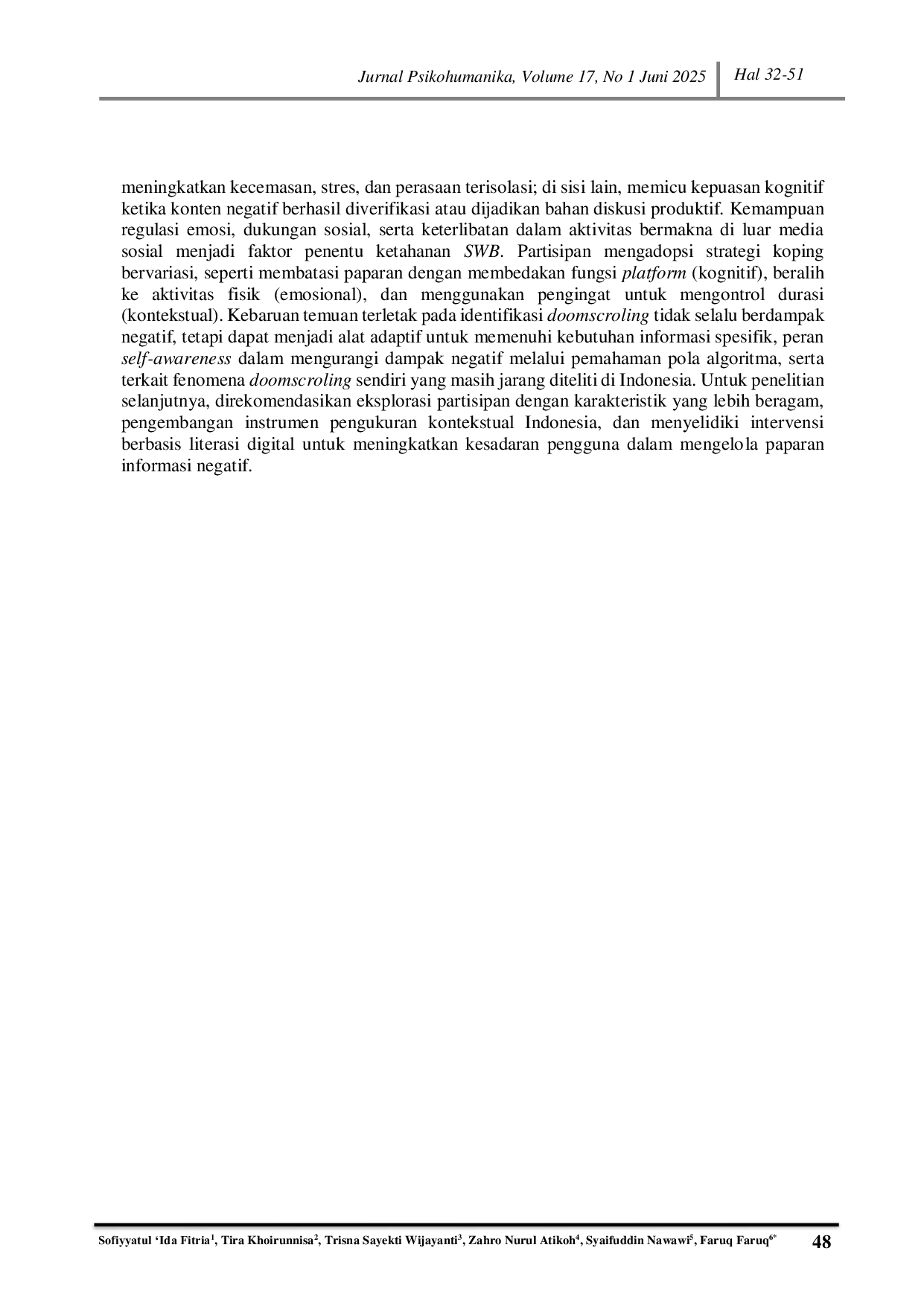 JURIS Eksplorasi Doomscrolling Subjective Well Being Pada Dewasa Awal Pengguna Aktif Media Sosial