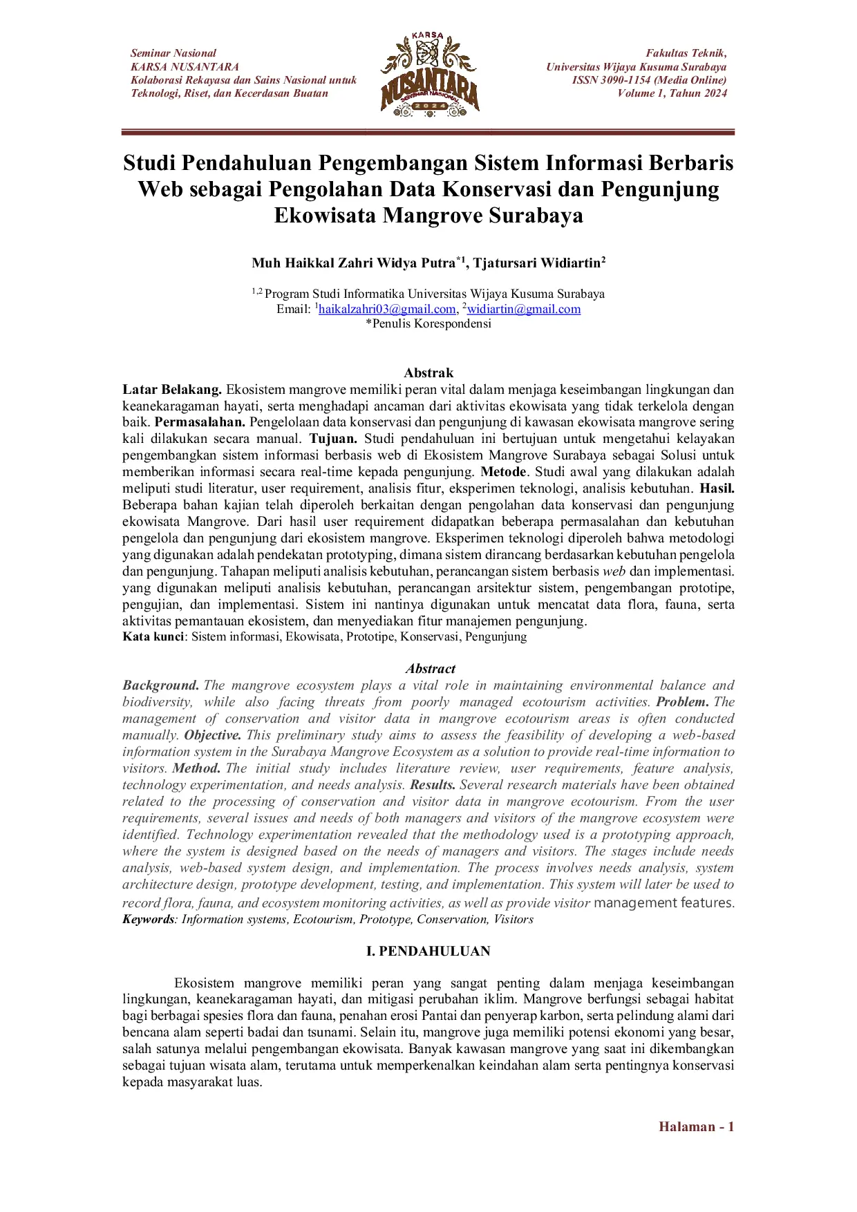 JURIS Studi Pendahuluan Pengembangan Sistem Informasi Berbasis Web sebagai Pengolahan Data Konservasi dan Pengunjung Ekowisata Mangrove Surabaya
