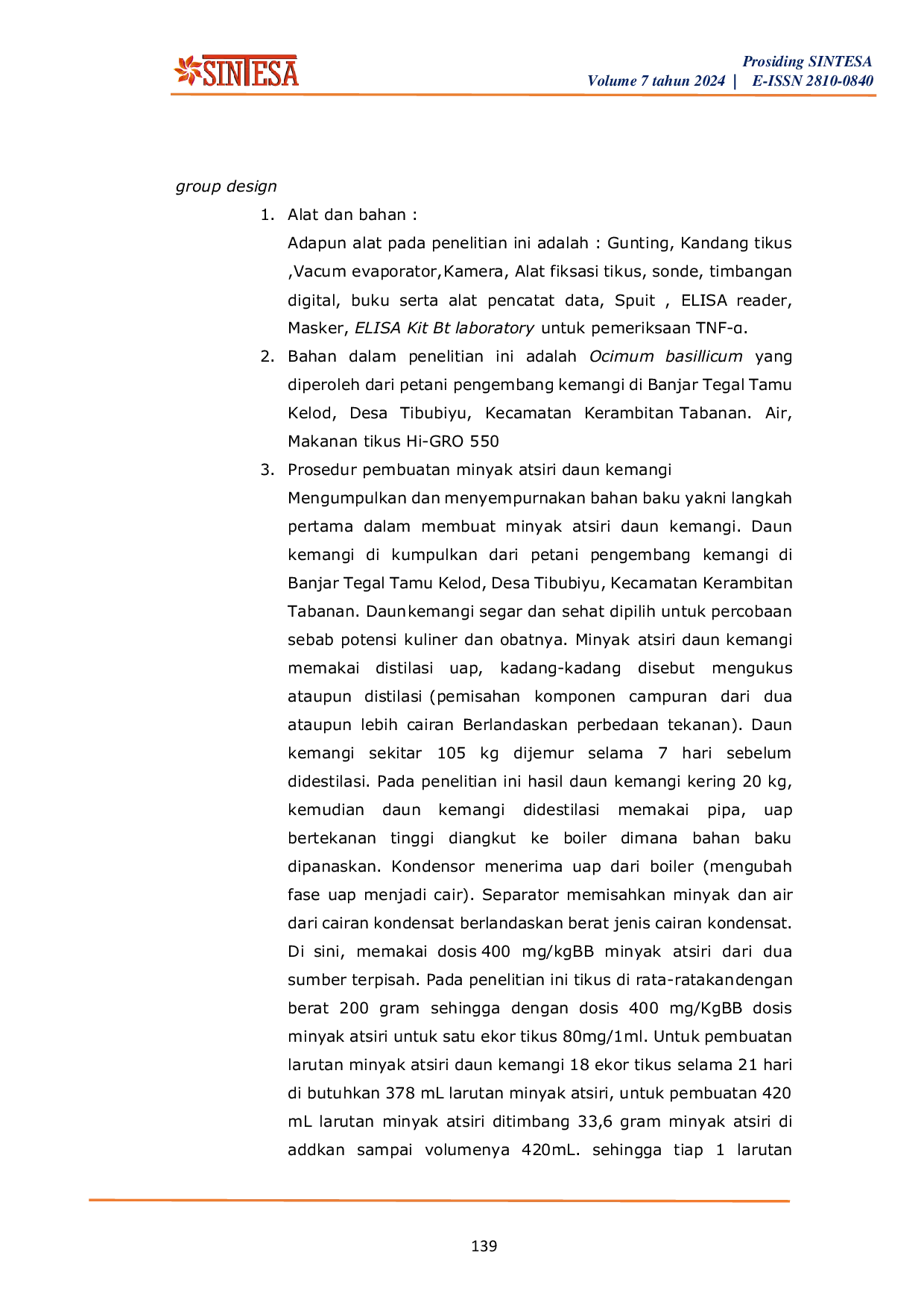 JURIS Pengaruh Pemberian Minyak Atsiri Daun Kemangi Ocimum Basillicum terhadap Kadar Tnf pada Tikus Wistar yang diberi Aktivitas Fisik Berlebih