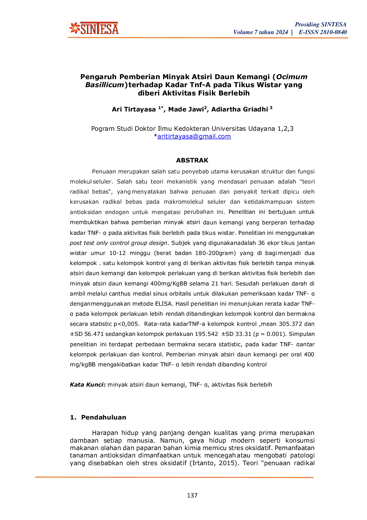 JURIS Pengaruh Pemberian Minyak Atsiri Daun Kemangi Ocimum Basillicum terhadap Kadar Tnf pada Tikus Wistar yang diberi Aktivitas Fisik Berlebih