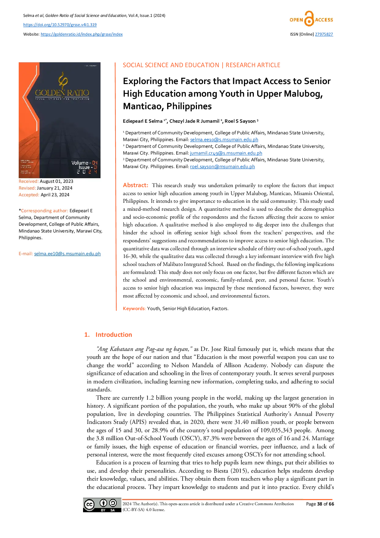 JURIS Exploring the Factors that Impact Access to Senior High Education among Youth in Upper Malubog Manticao Philippines