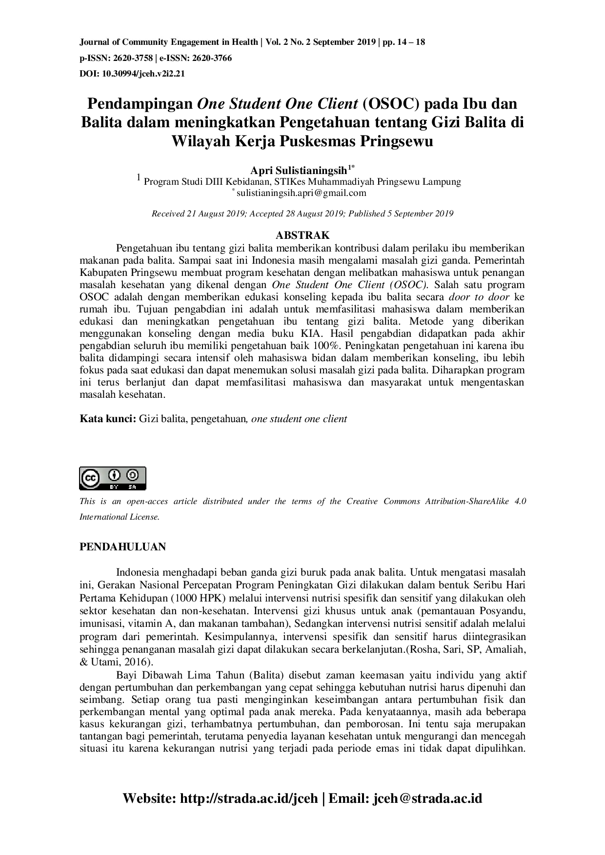 JURIS Pendampingan One Student One Client OSOC pada Ibu dan Balita dalam meningkatkan Pengetahuan tentang Gizi Balita di Wilayah Kerja Puskesmas Pringsewu