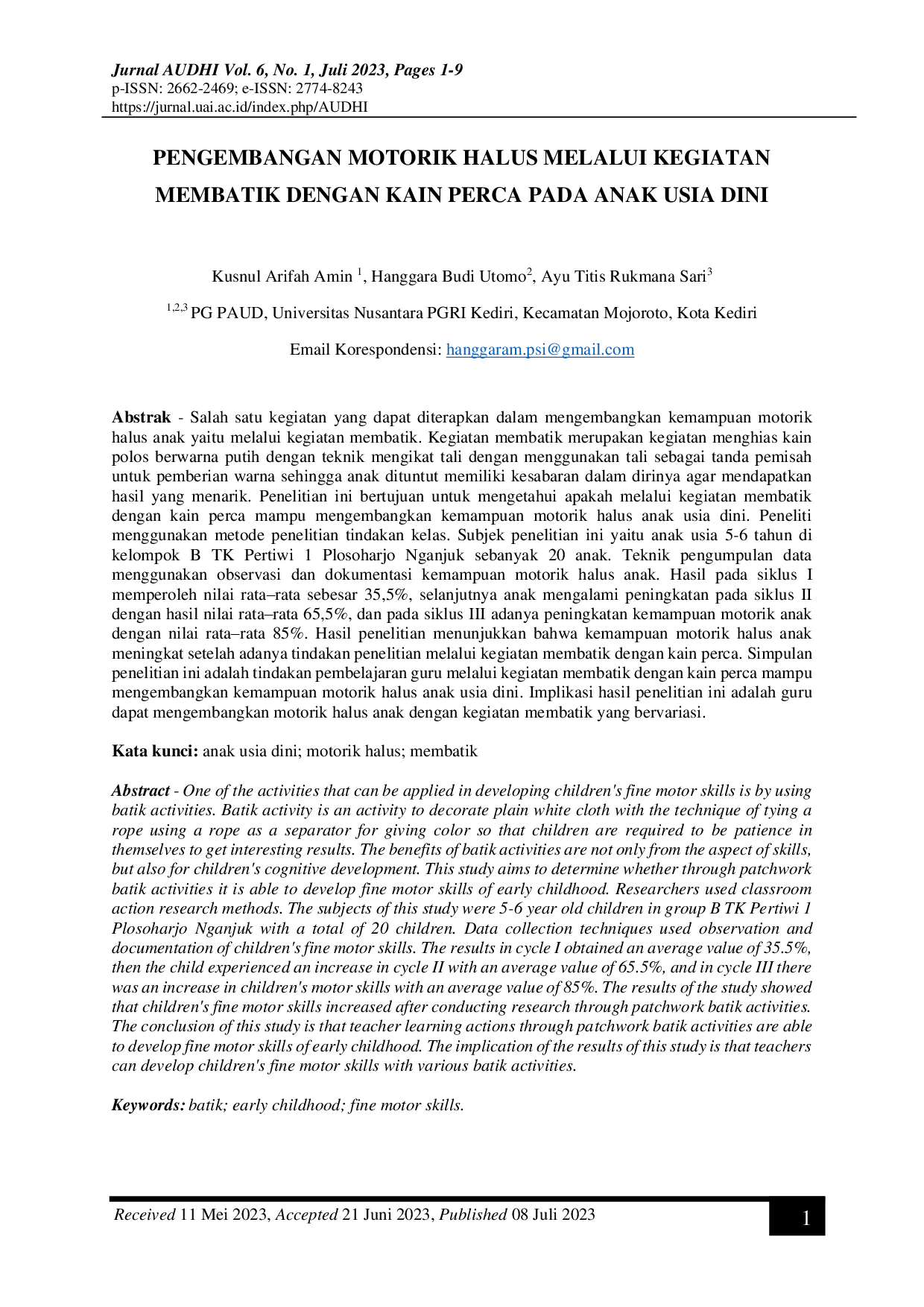JURIS Pengembangan Motorik Halus Melalui Kegiatan Membatik Dengan Kain Perca Pada Anak Usia Dini