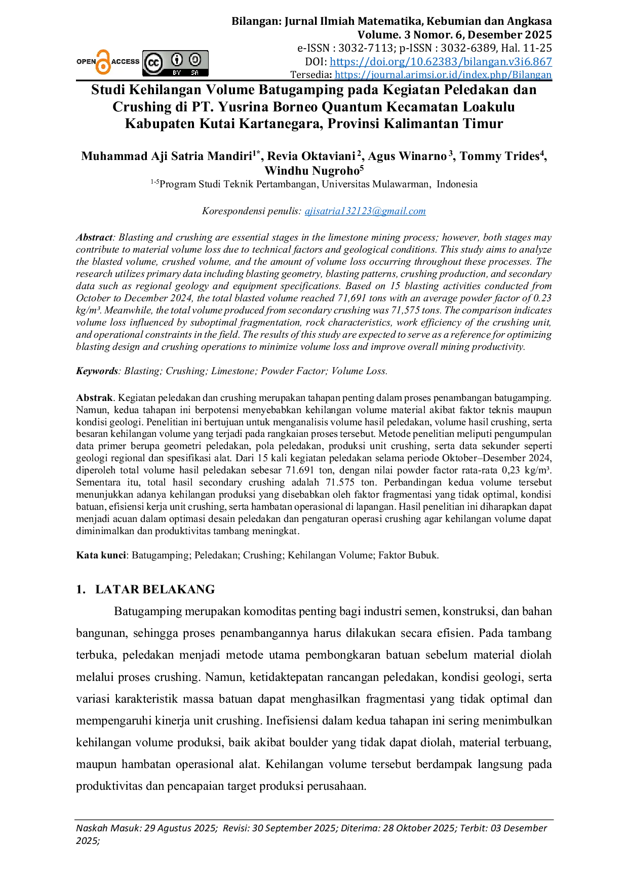 JURIS Studi Kehilangan Volume Batugamping pada Kegiatan Peledakan dan Crushing di PT Yusrina Borneo Quantum Kecamatan Loakulu Kabupaten Kutai Kartanegara Provinsi Kalimantan Timur
