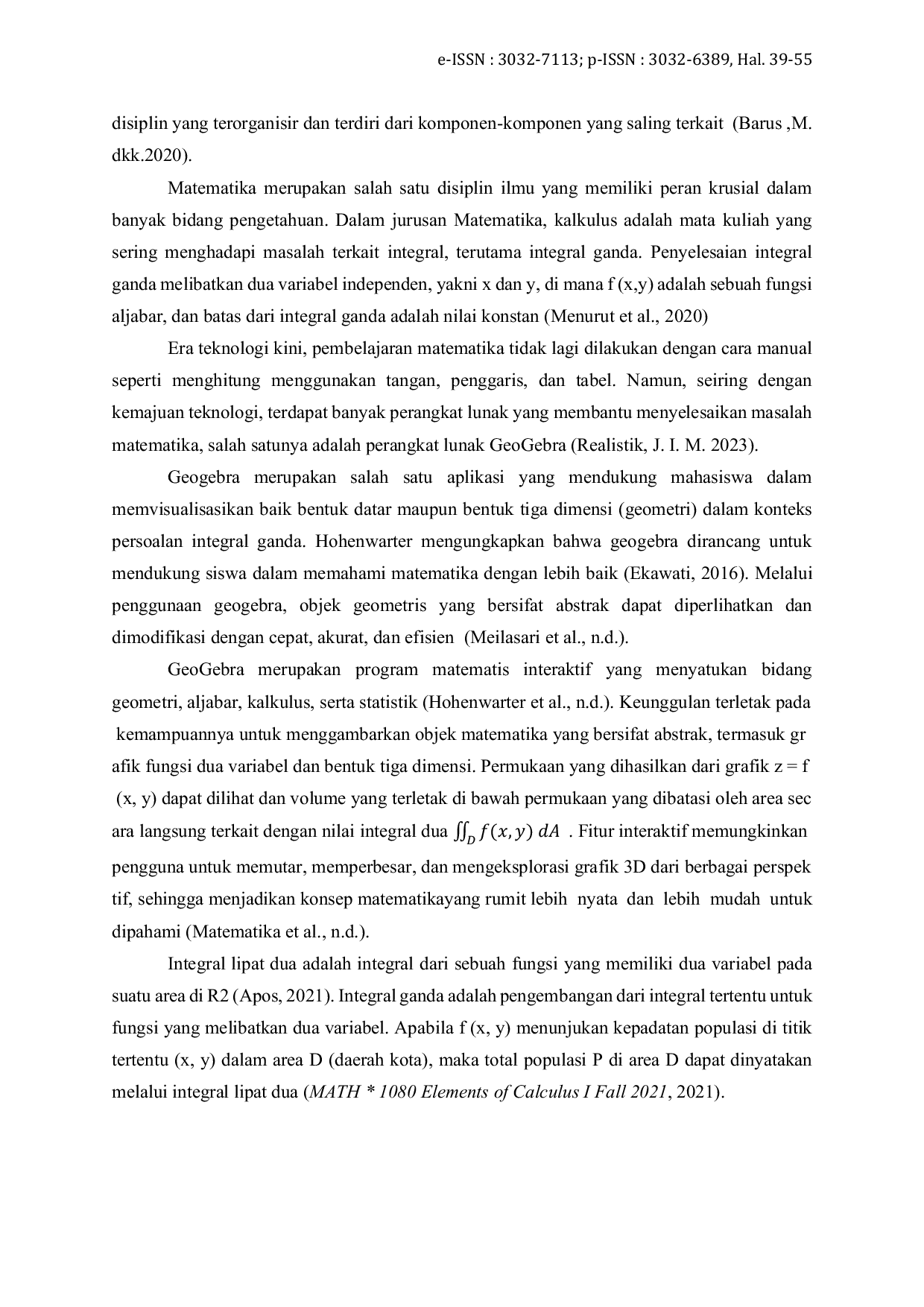 JURIS Penerapan Integral Lipat Dua dalam Prediksi Jumlah Penduduk di Kota Tebing Tinggi Tahun 2030 Visualisasi 3D Menggunakan Geogebra