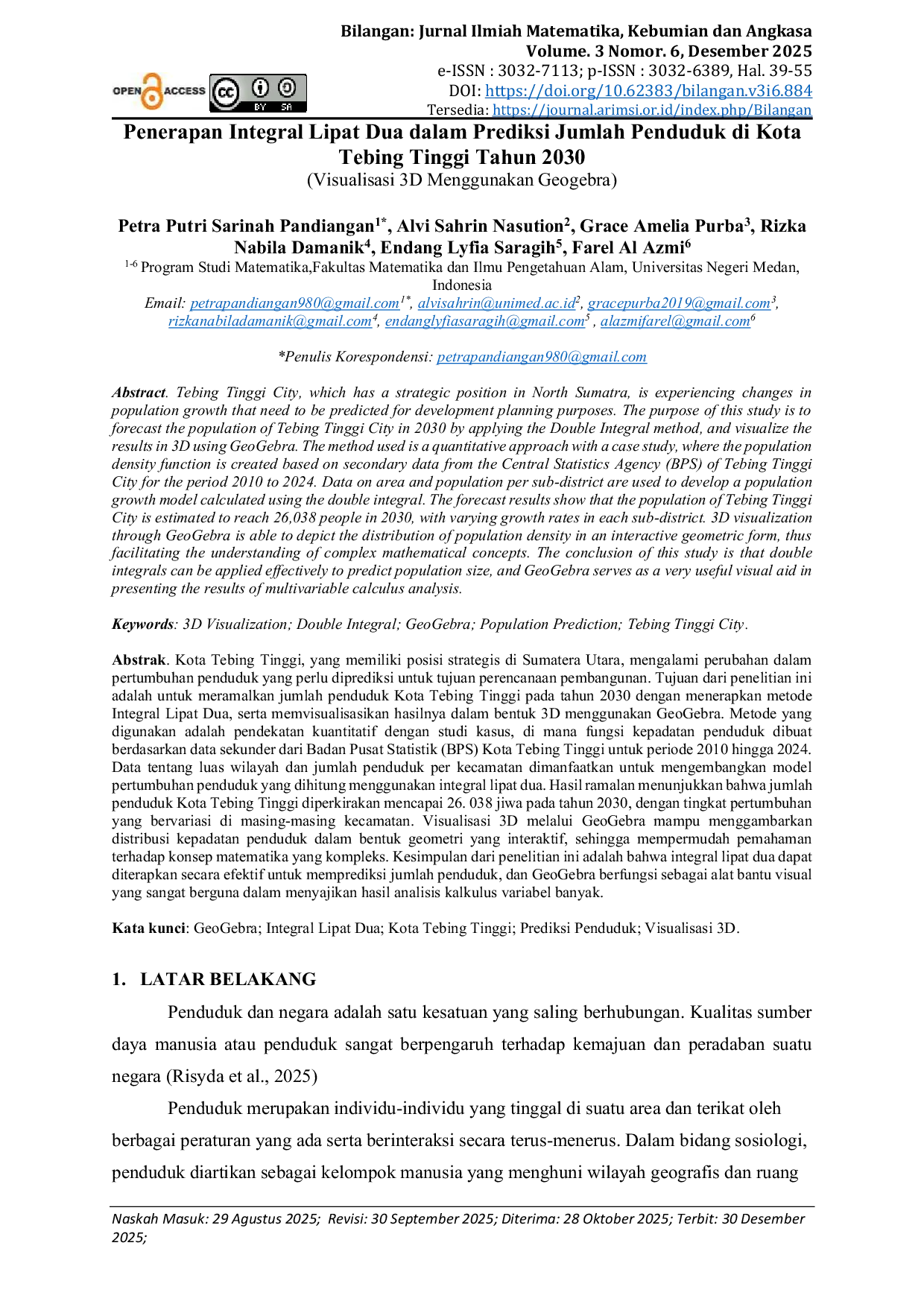JURIS Penerapan Integral Lipat Dua dalam Prediksi Jumlah Penduduk di Kota Tebing Tinggi Tahun 2030 Visualisasi 3D Menggunakan Geogebra