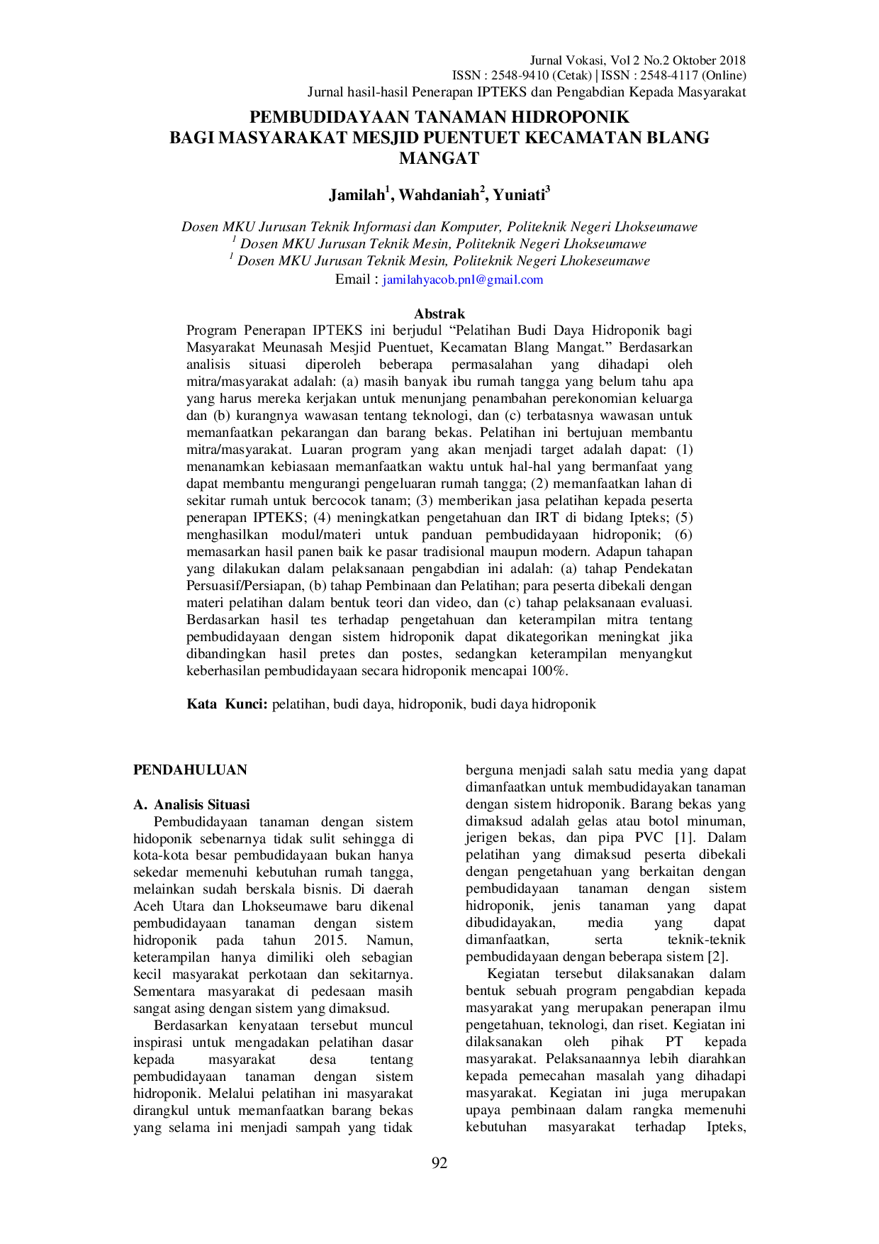 JURIS Pembudidayaan Tanaman Hidroponik Bagi Masyarakat Mesjid Puentuet Kecamatan Blang Mangat