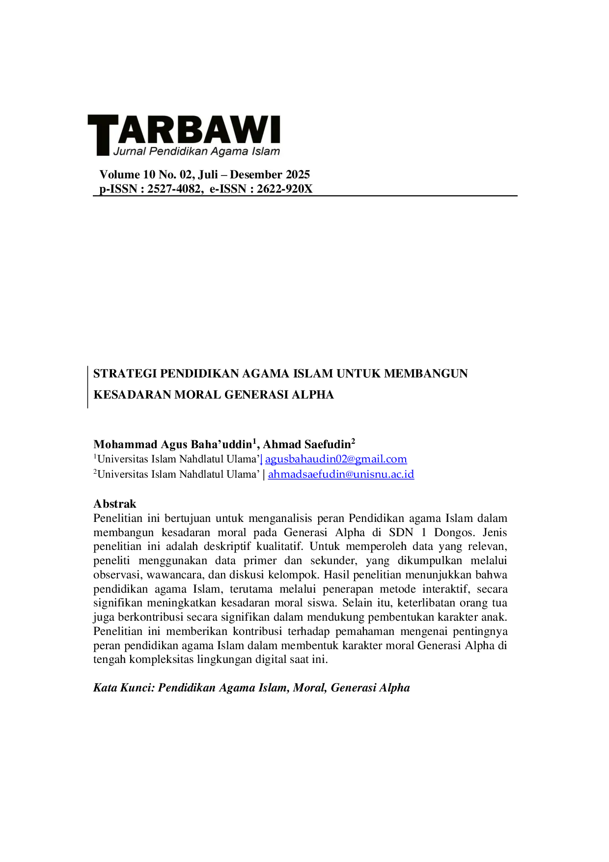 JURIS Strategi Pendidikan Agama Islam untuk Membangun Kesadaran Moral Generasi Alpha