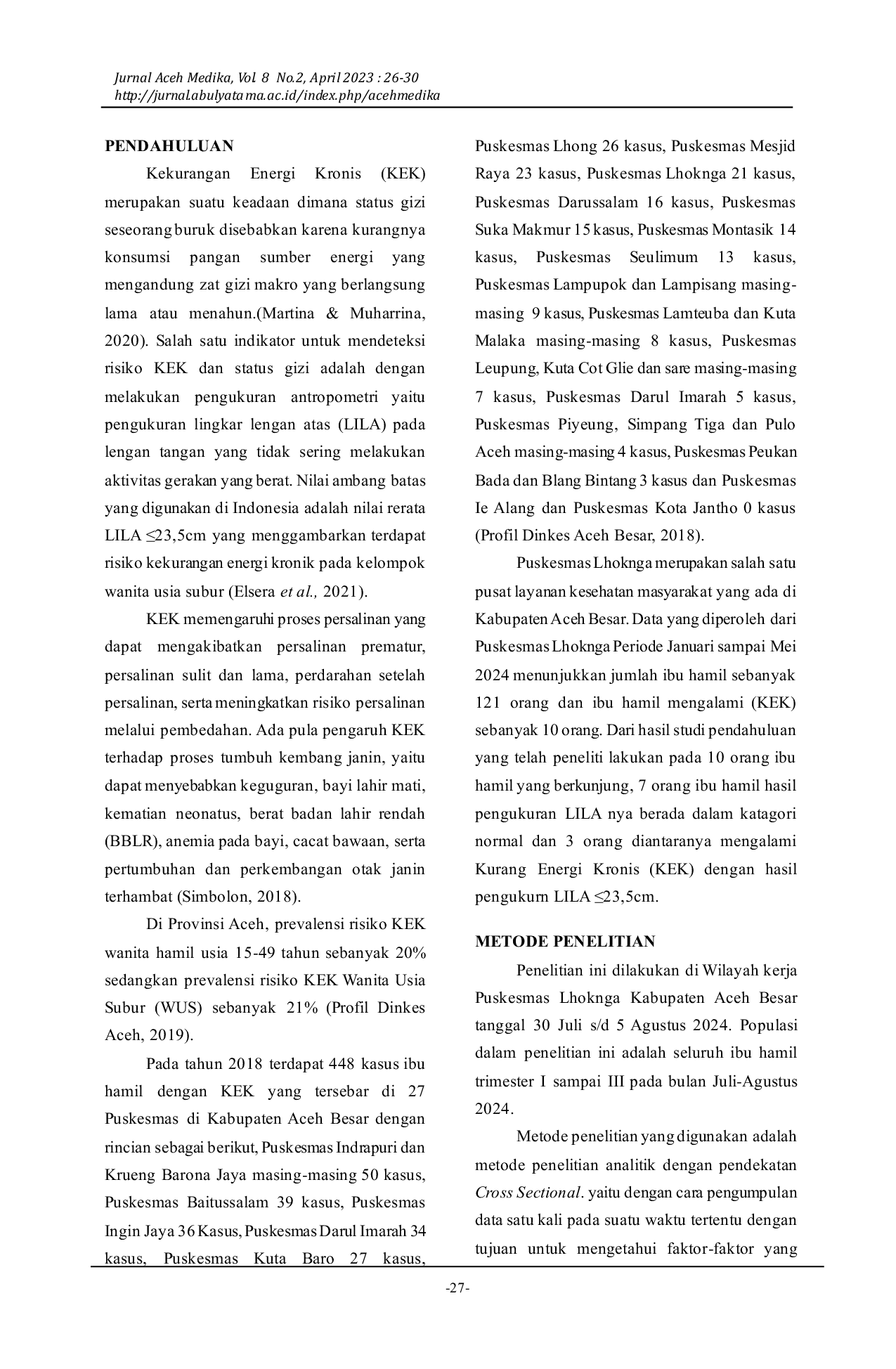 JURIS Hubungan Umur Dan Paritas Dengan Kejadian Kekurangan Energi Kronik Kek Pada Ibu Hamil Di Wilayah Kerja Puskesmas Lhoknga Aceh Besar