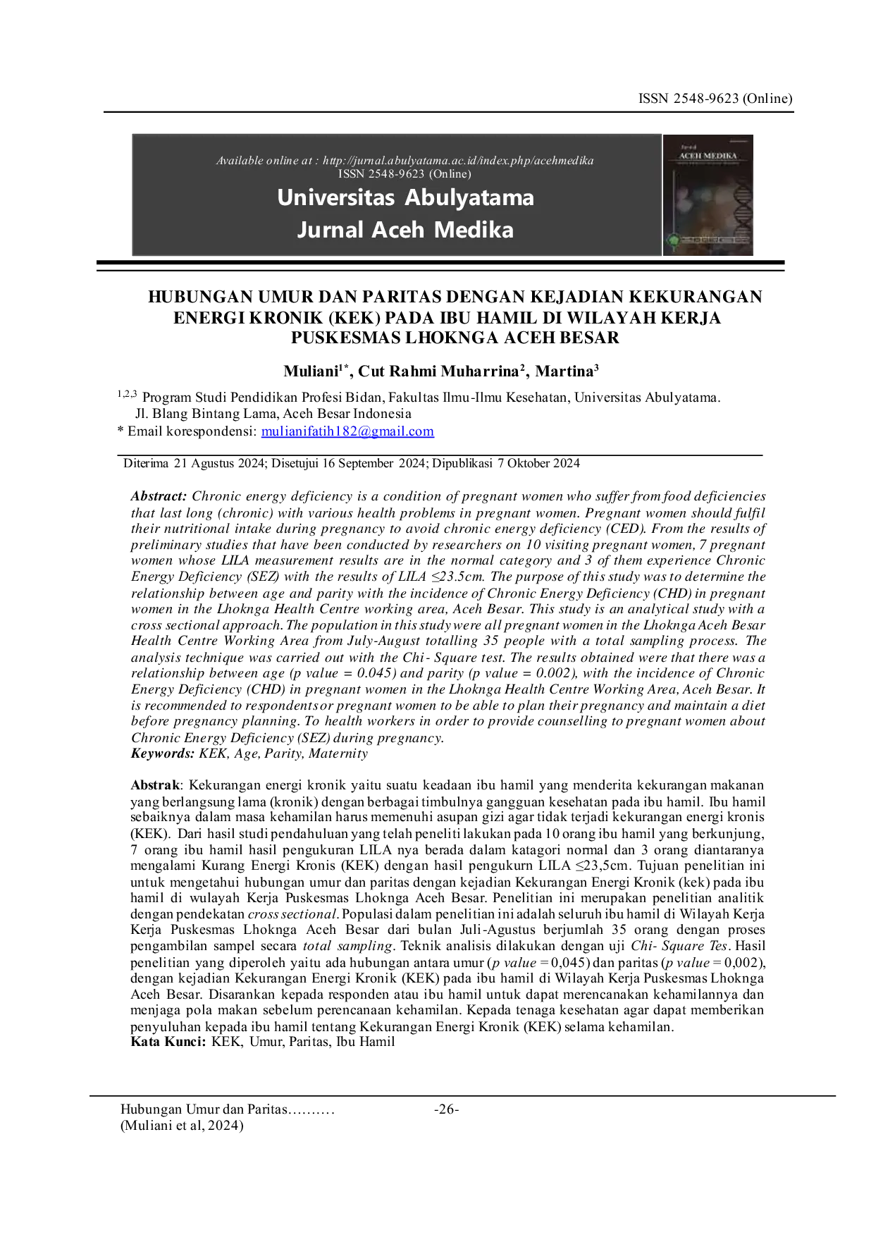 JURIS Hubungan Umur Dan Paritas Dengan Kejadian Kekurangan Energi Kronik Kek Pada Ibu Hamil Di Wilayah Kerja Puskesmas Lhoknga Aceh Besar