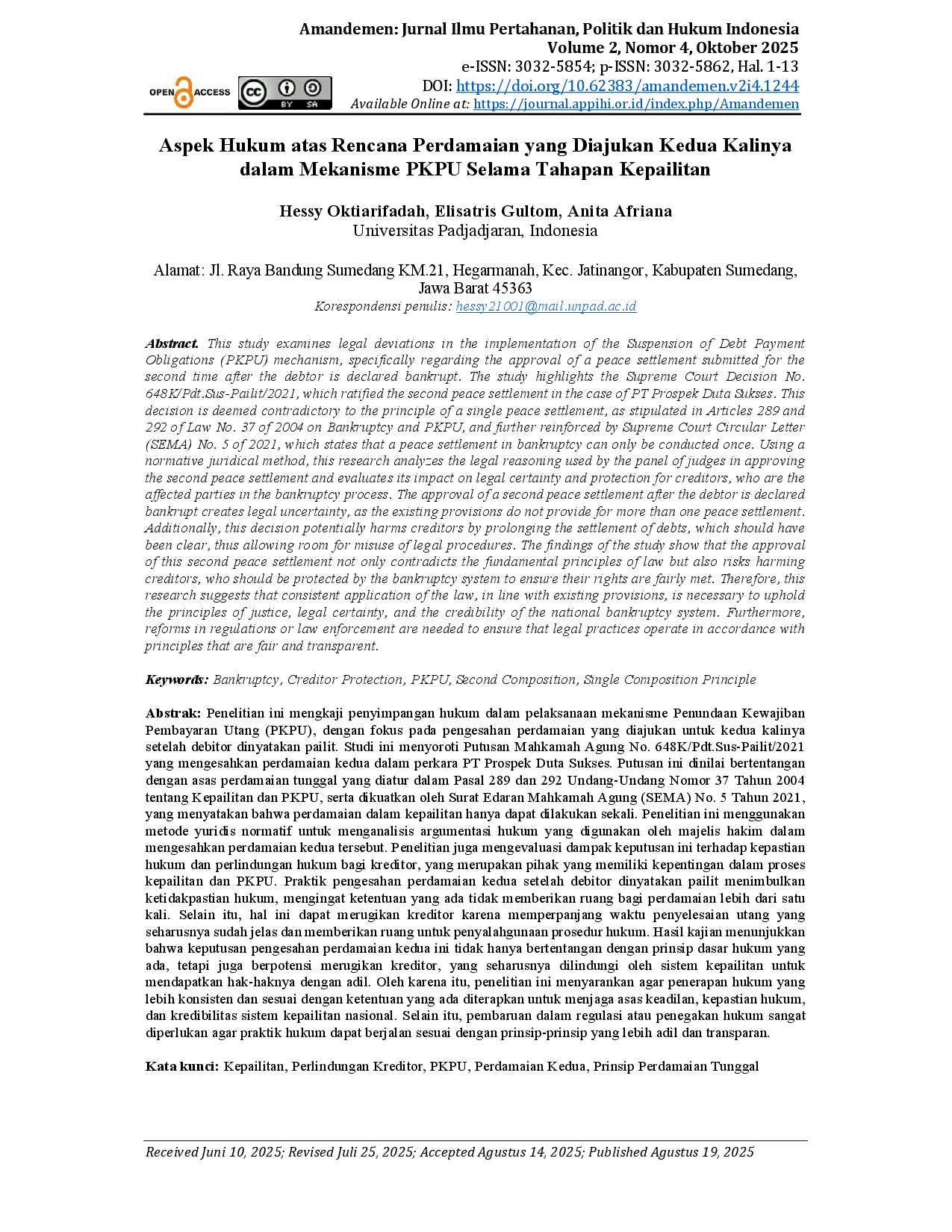 juris Aspek Hukum atas Rencana Perdamaian Yang Diajukan Kedua Kalinya dalam Mekanisme PKPU Selama Tahapan Kepailitan