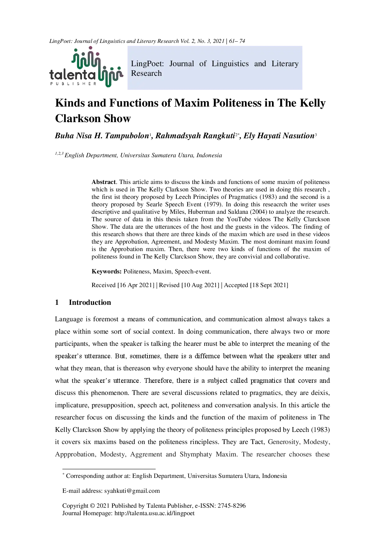 juris Kinds and Functions of Maxim Politeness in The Kelly Clarkson Show