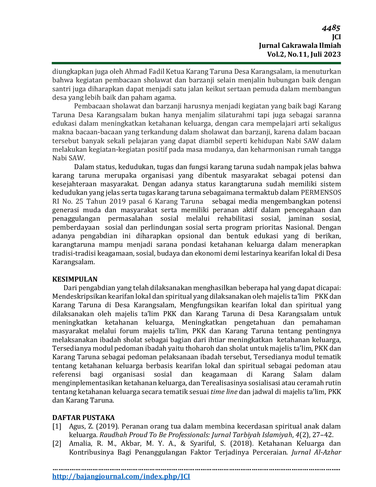 JURIS Ketahanan Keluarga di Desa Karangsalam Kecamatan Kedungbanteng Kabupaten Banyumas Berbasis Kearifan Lokal dan Spiritual