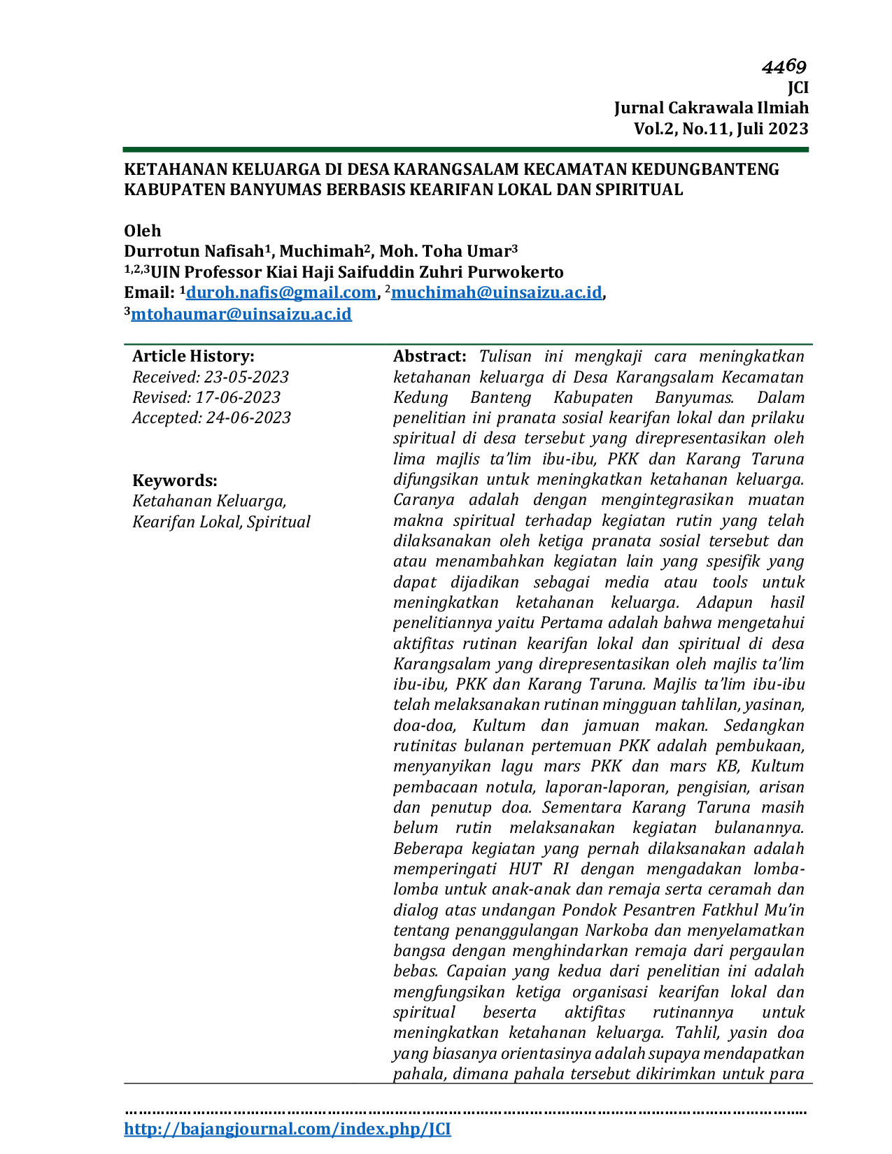 JURIS Ketahanan Keluarga di Desa Karangsalam Kecamatan Kedungbanteng Kabupaten Banyumas Berbasis Kearifan Lokal dan Spiritual