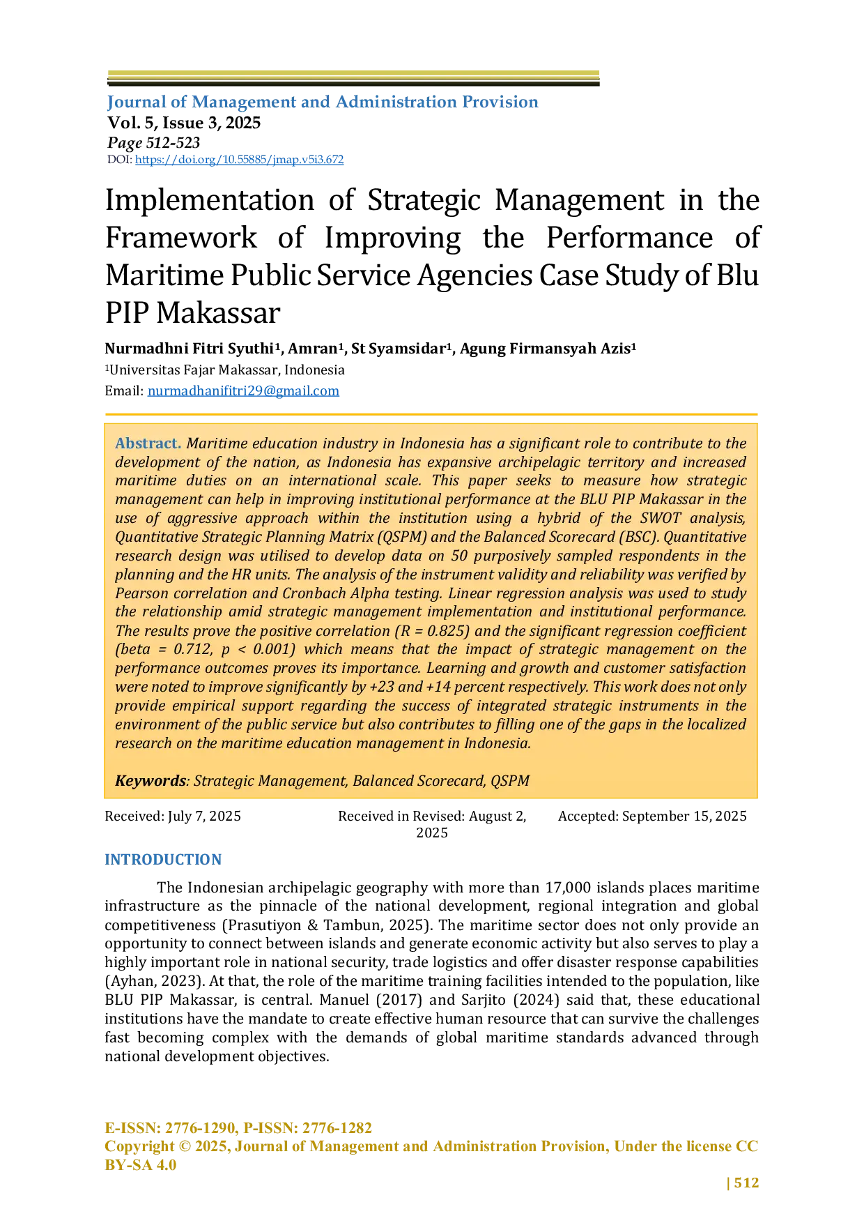 JURIS Implementation of Strategic Management in the Framework of Improving the Performance of Maritime Public Service Agencies