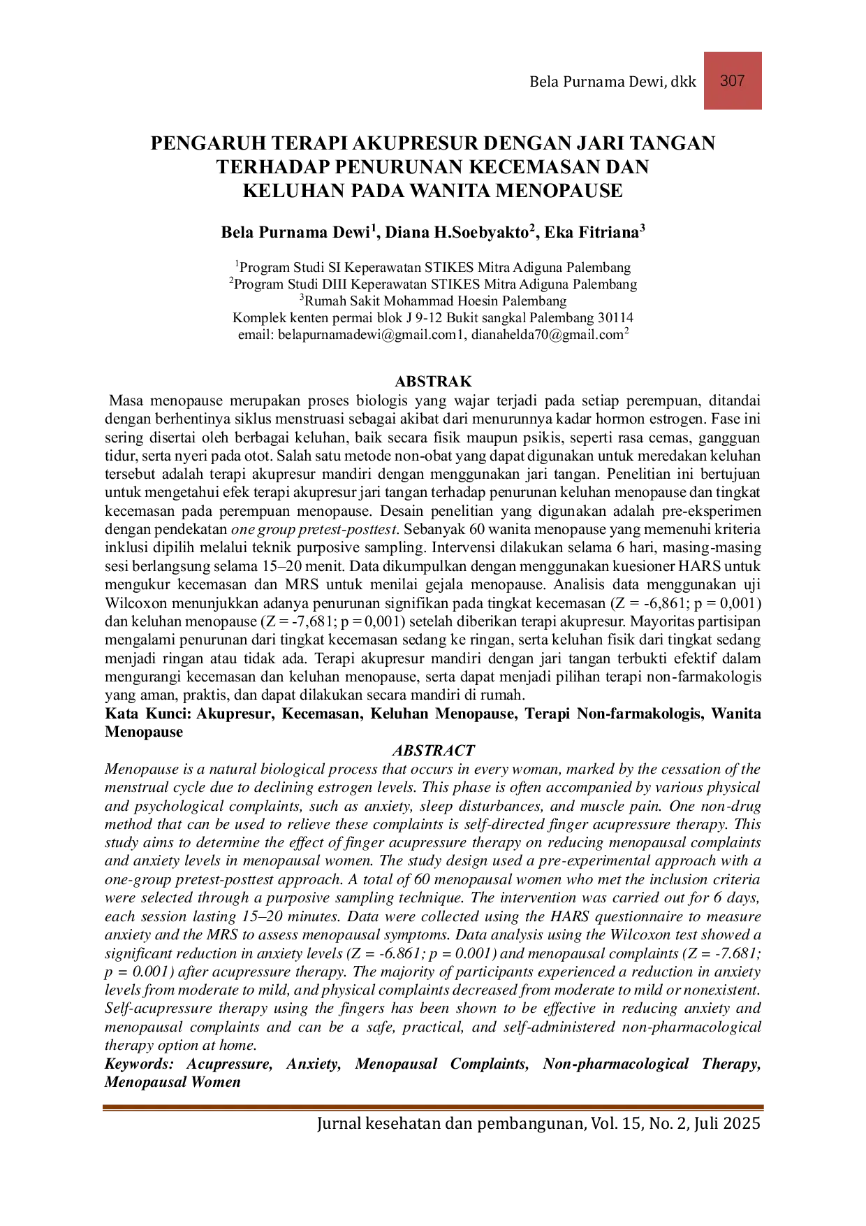 JURIS Pengaruh Terapi Akupresur Dengan Jari Tangan Terhadap Penurunan Kecemasan Dan Keluhan Pada Wanita Menopause