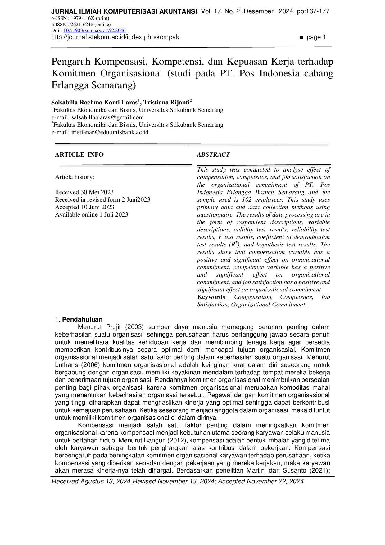 JURIS Pengaruh Kompensasi Kompetensi dan Kepuasan Kerja terhadap Komitmen Organisasional studi pada PT Pos Indonesia cabang Erlangga Semarang