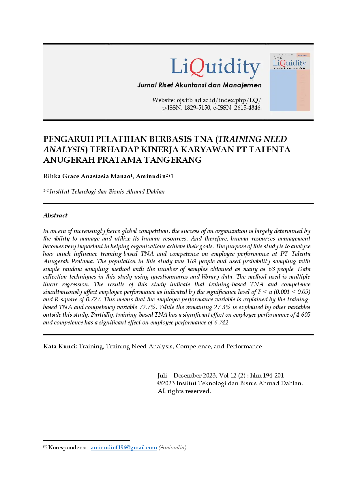 juris Pengaruh Pelatihan Berbasis TNA Training Need Analysis Terhadap Kinerja Karyawan PT Talenta Anugerah Pratama Tangerang
