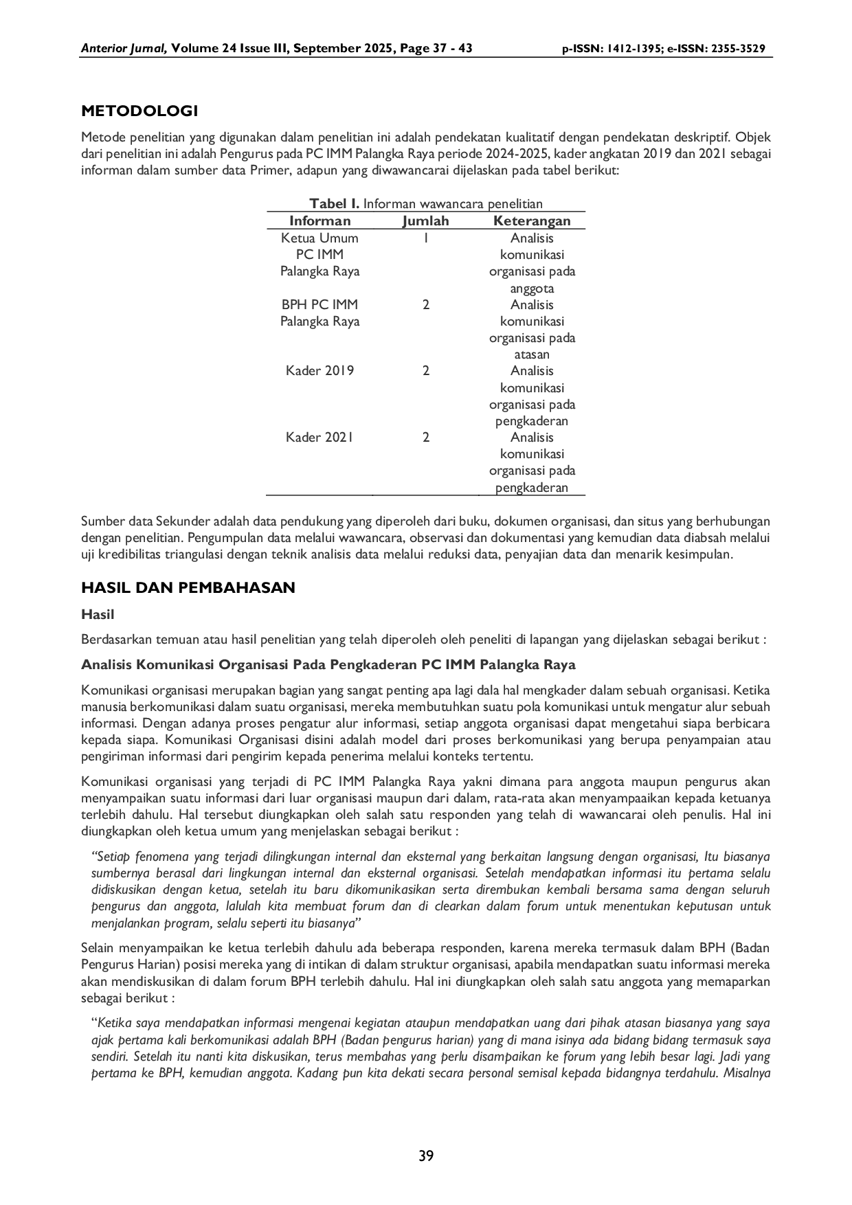 JURIS Analisis Komunikasi Organisasi pada Pengkaderan Pimpinan Cabang Ikatan Mahasiswa Muhammadiyah Palangka Raya