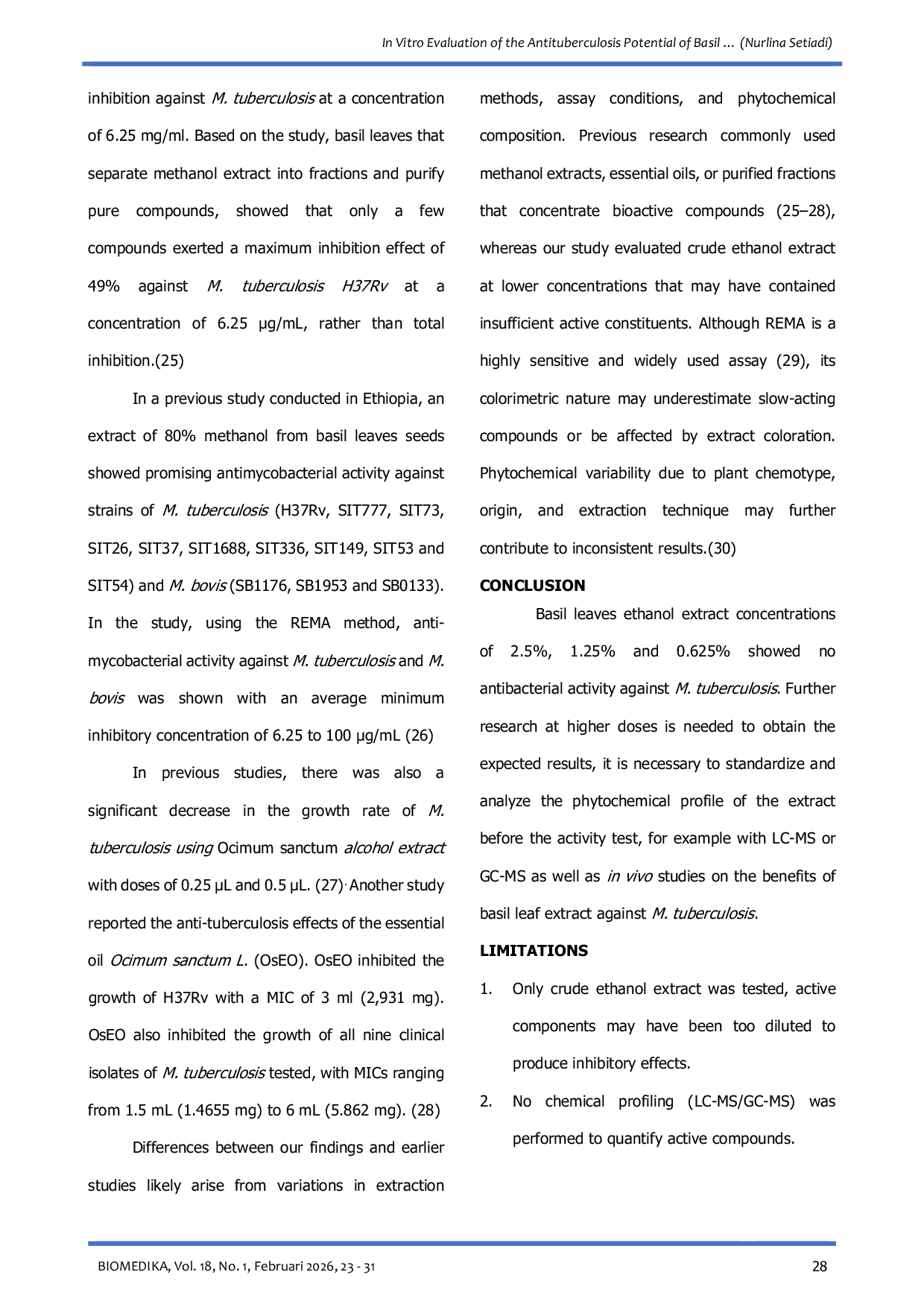 JURIS Evaluasi In Vitro Potensi Antituberkulosis Ekstrak Etanol Daun Kemangi Menggunakan Metode Resazurin Microtiter Assay Rema