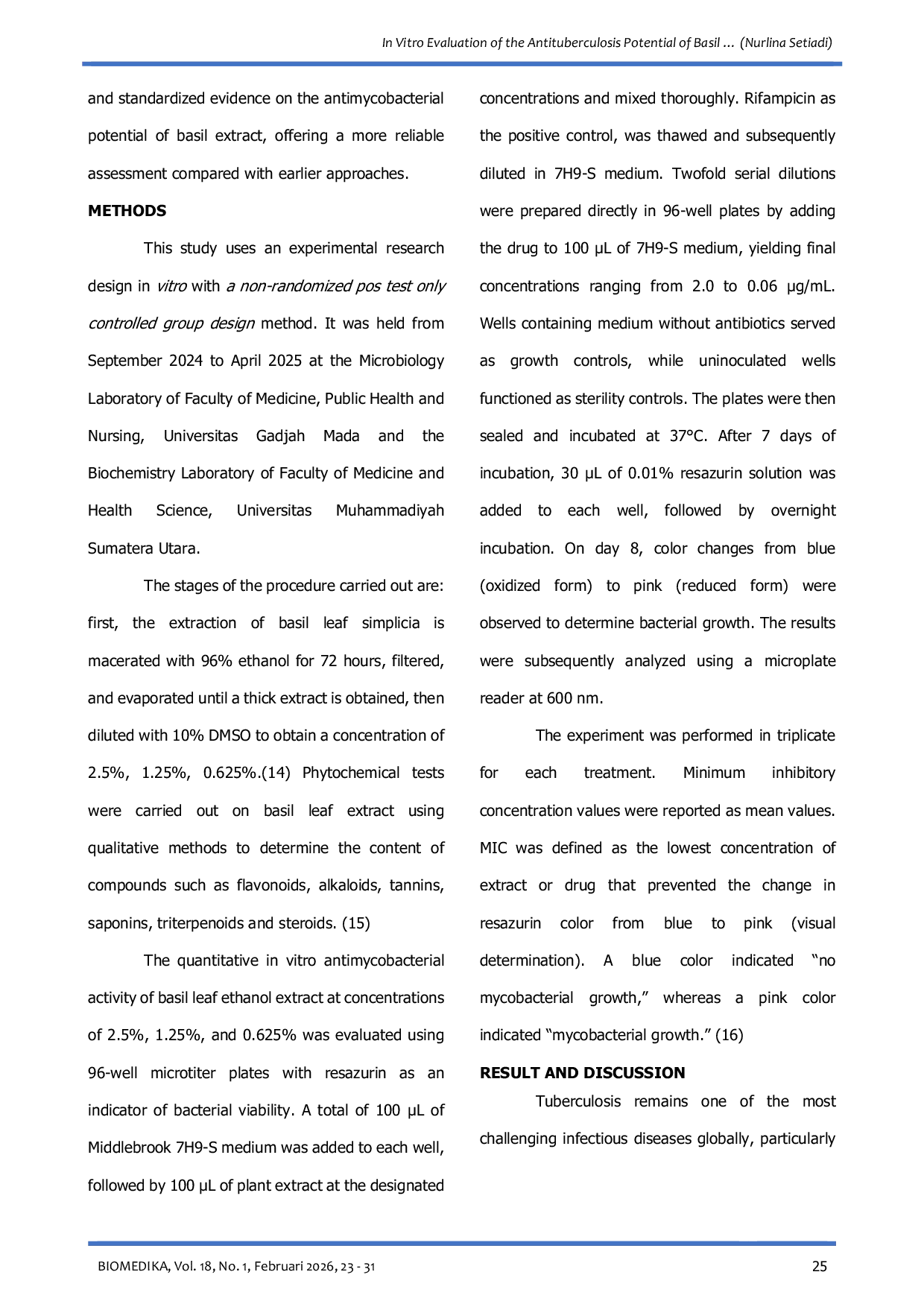 JURIS Evaluasi In Vitro Potensi Antituberkulosis Ekstrak Etanol Daun Kemangi Menggunakan Metode Resazurin Microtiter Assay Rema