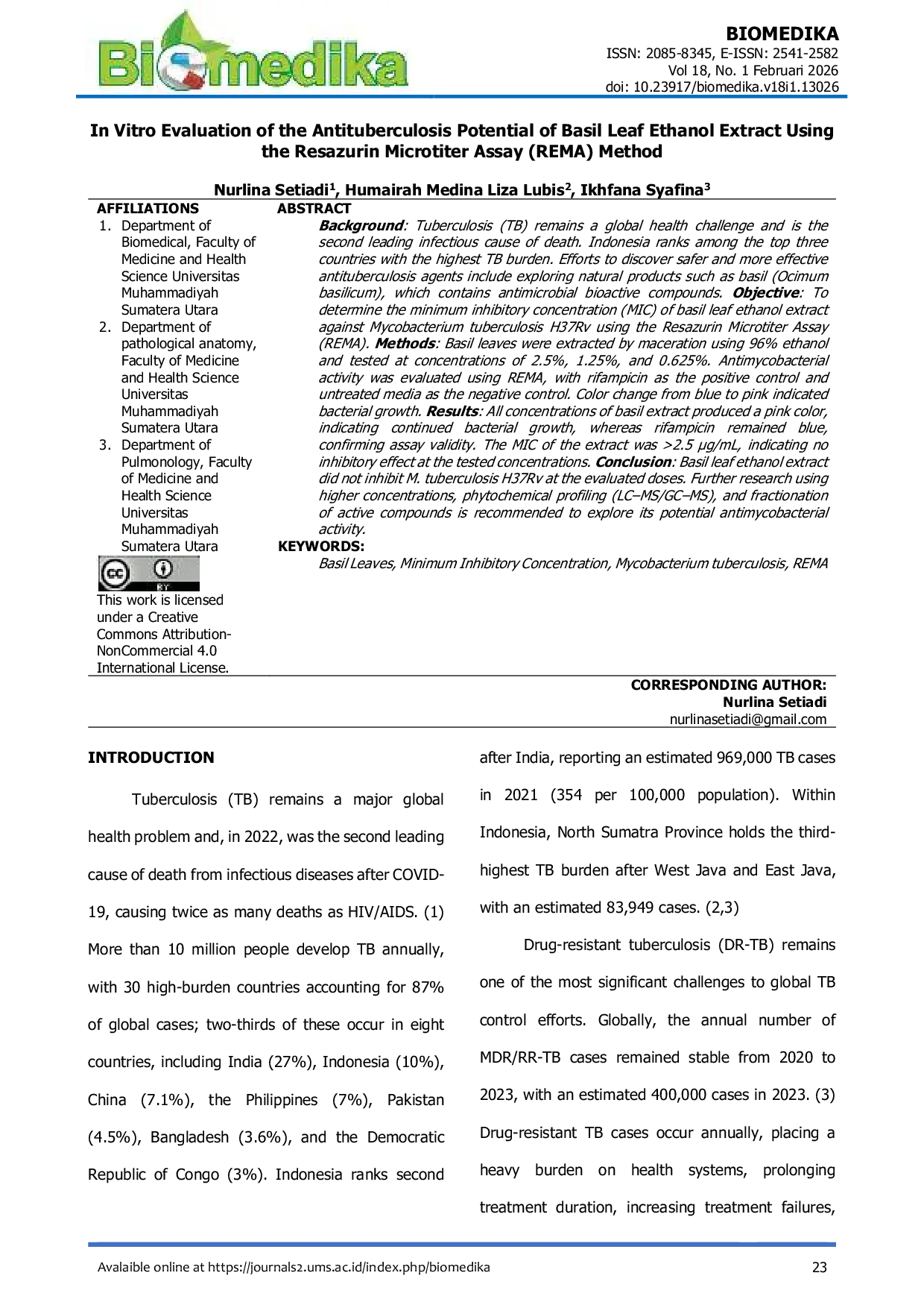 JURIS Evaluasi In Vitro Potensi Antituberkulosis Ekstrak Etanol Daun Kemangi Menggunakan Metode Resazurin Microtiter Assay Rema