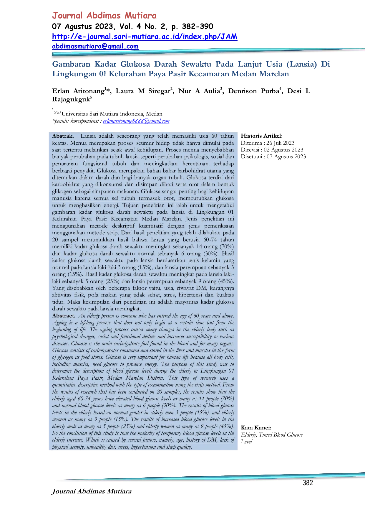 JURIS Gambaran Kadar Glukosa Darah Sewaktu Pada Lanjut Usia Lansia Di Lingkungan 01 Kelurahan Paya Pasir Kecamatan Medan Marelan
