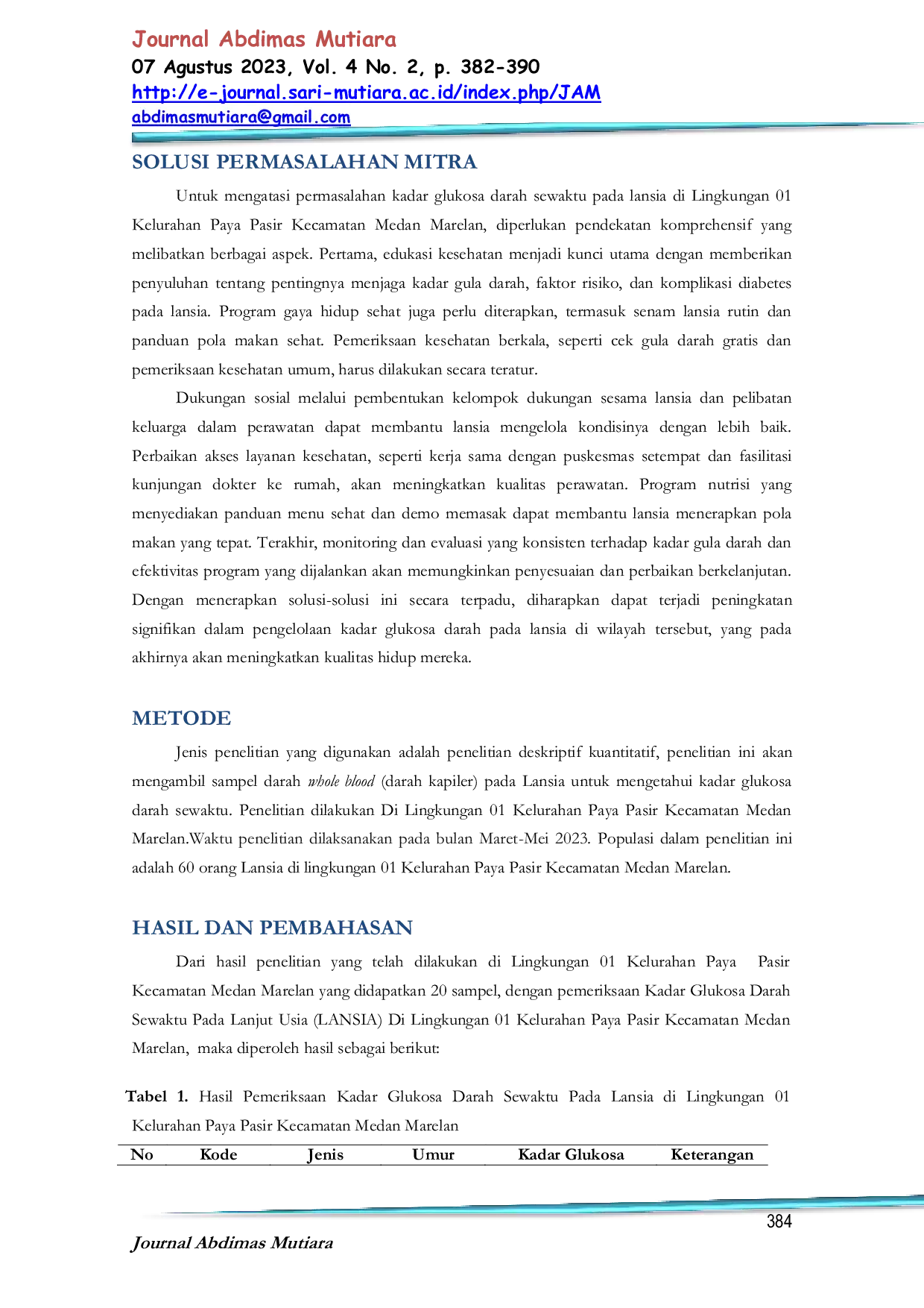 JURIS Gambaran Kadar Glukosa Darah Sewaktu Pada Lanjut Usia Lansia Di Lingkungan 01 Kelurahan Paya Pasir Kecamatan Medan Marelan