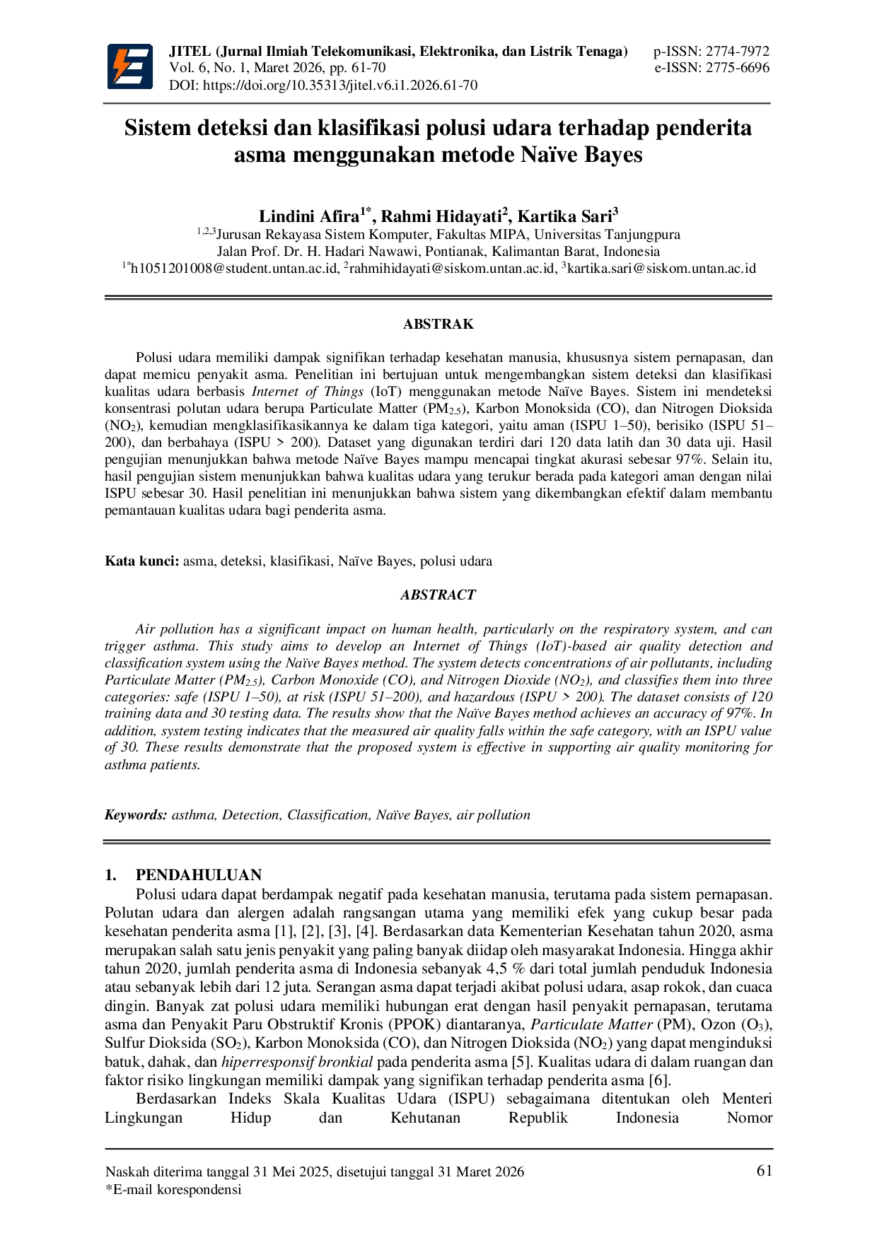 JURIS Sistem deteksi dan klasifikasi polusi udara terhadap penderita asma menggunakan metode Na ve Bayes