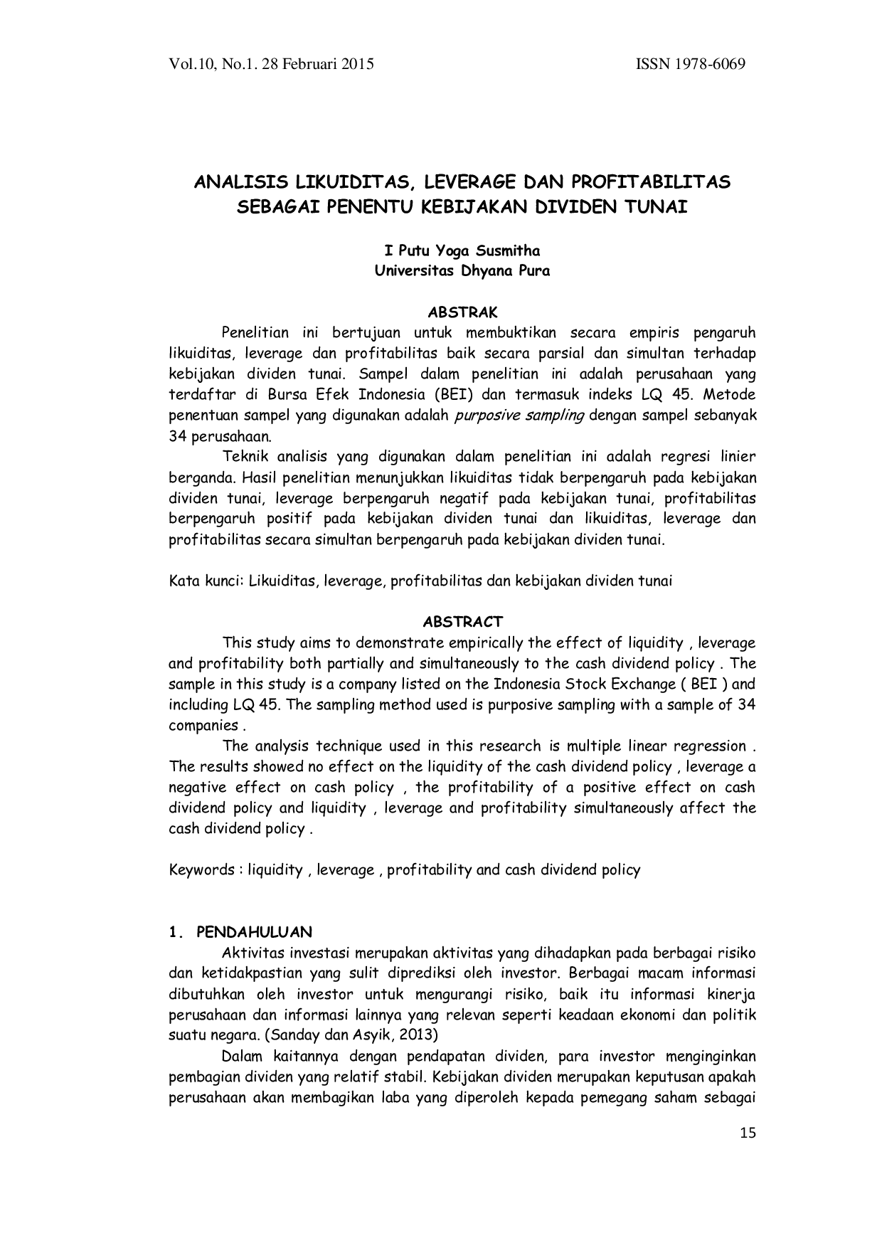 JURIS Analisis Likuiditas Leverage Dan Profitabilitas Sebagai Penentu Kebijakan Dividen Tunai