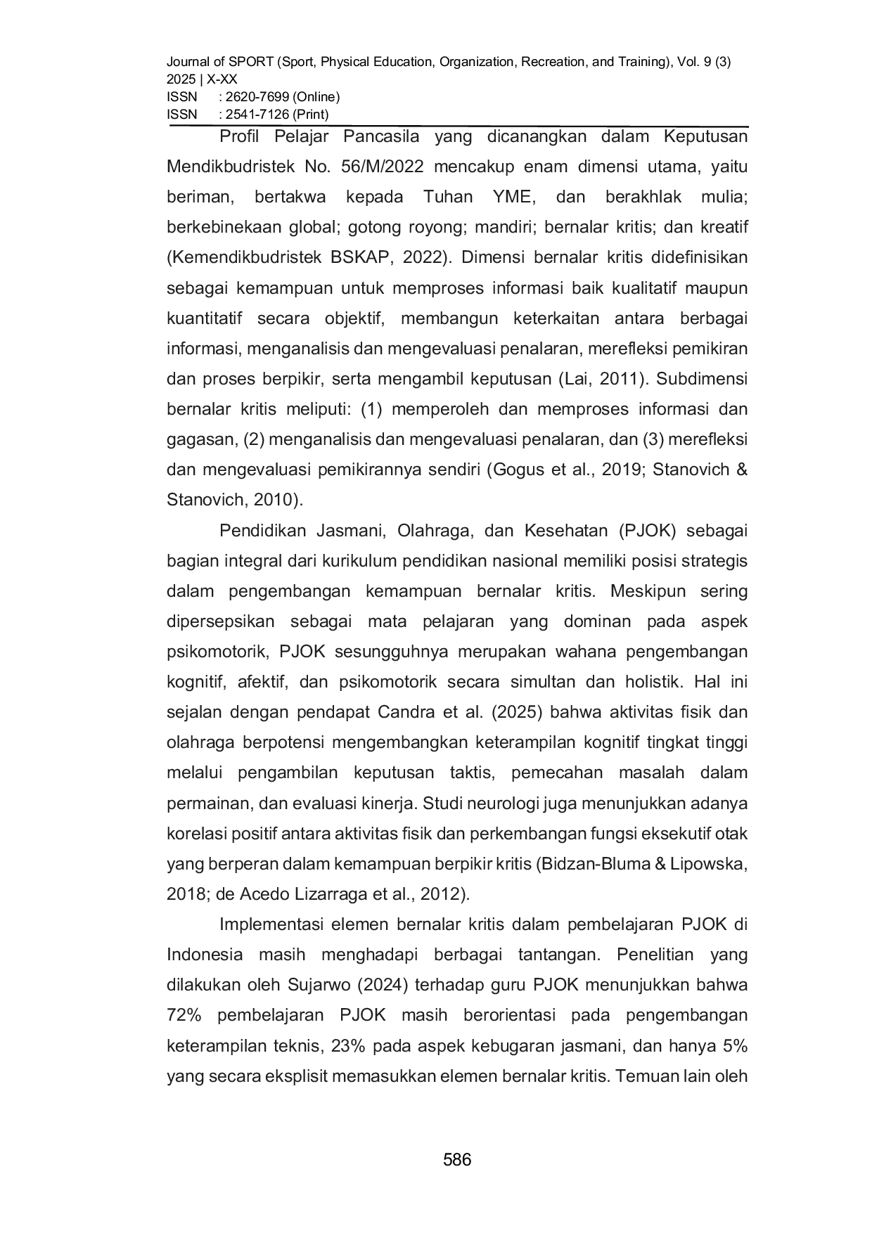 JURIS Eksplorasi Peran Guru PJOK Dalam Mengimplementasikan Profil Pelajar Pancasila Elemen Bernalar Kritis