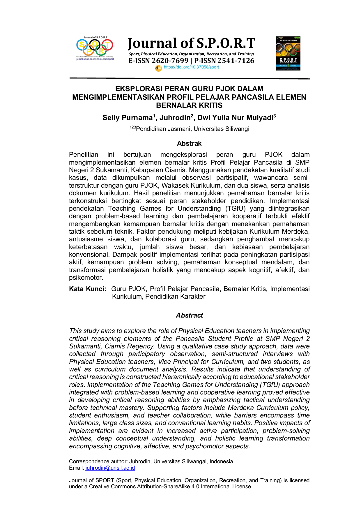 JURIS Eksplorasi Peran Guru PJOK Dalam Mengimplementasikan Profil Pelajar Pancasila Elemen Bernalar Kritis