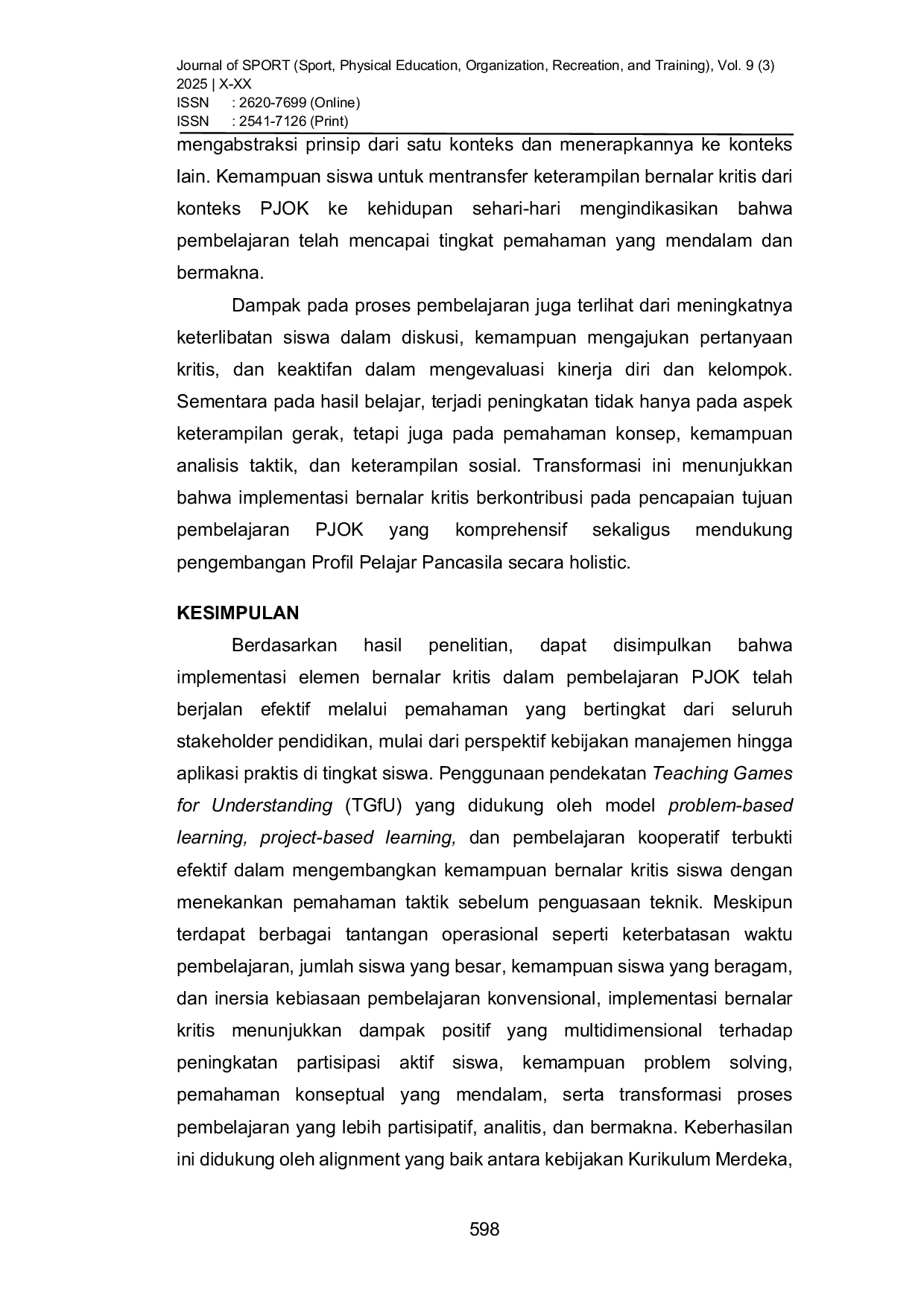 JURIS Eksplorasi Peran Guru PJOK Dalam Mengimplementasikan Profil Pelajar Pancasila Elemen Bernalar Kritis