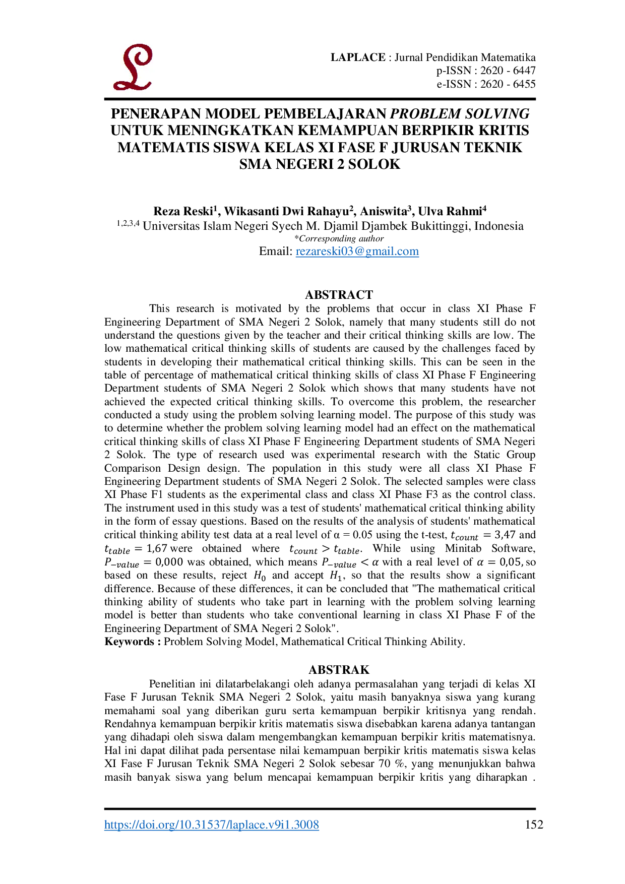 JURIS Penerapan Model Pembelajaran Problem Solving Untuk Meningkatkan Kemampuan Berpikir Kritis Matematis Siswa Kelas Xi Fase F Jurusan Teknik Smk Negeri 2 Solok