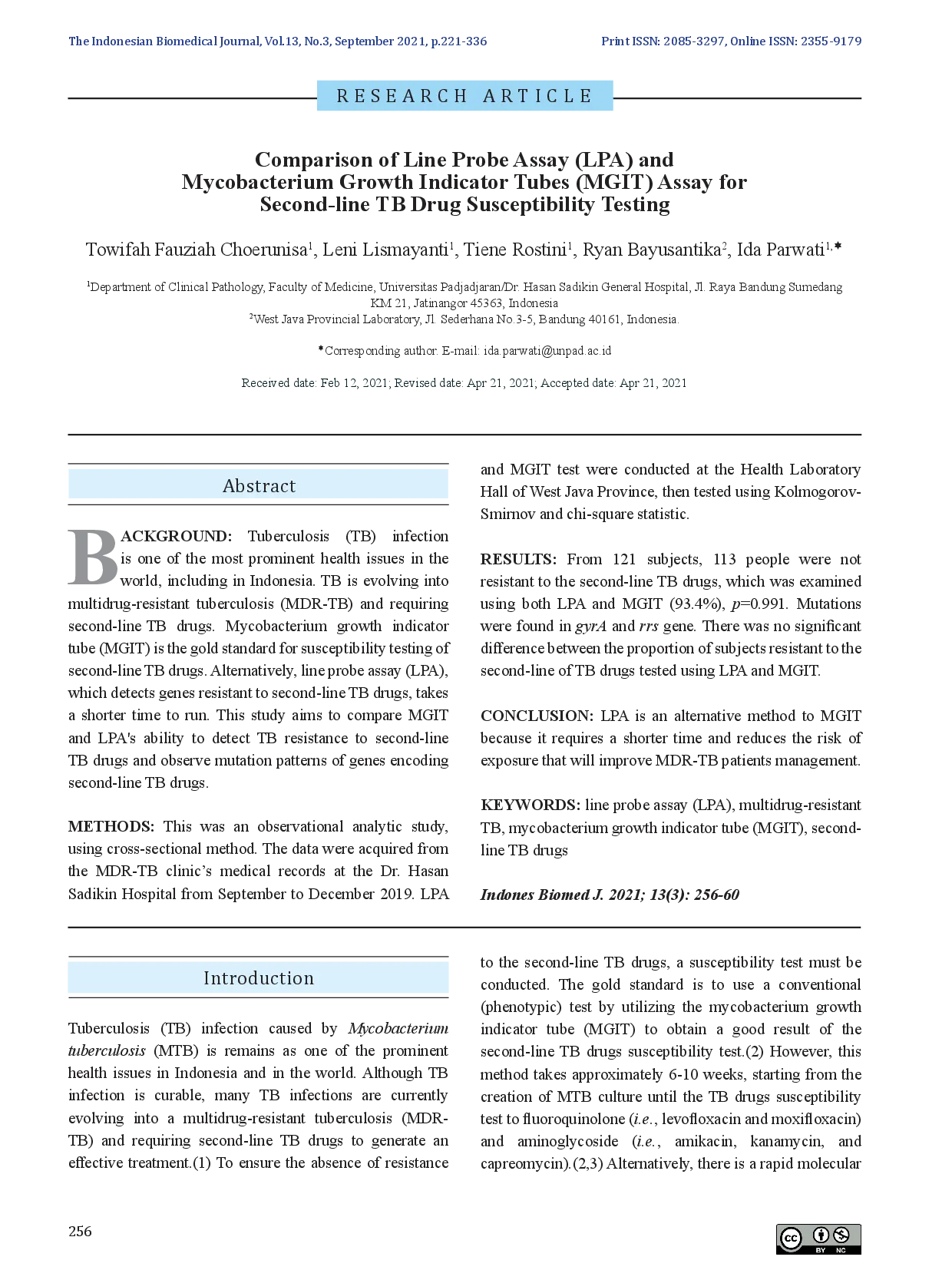 juris Comparison of Line Probe Assay LPA and Mycobacterium Growth Indicator Tubes MGIT Assay for Second line TB Drug Susceptibility Testing