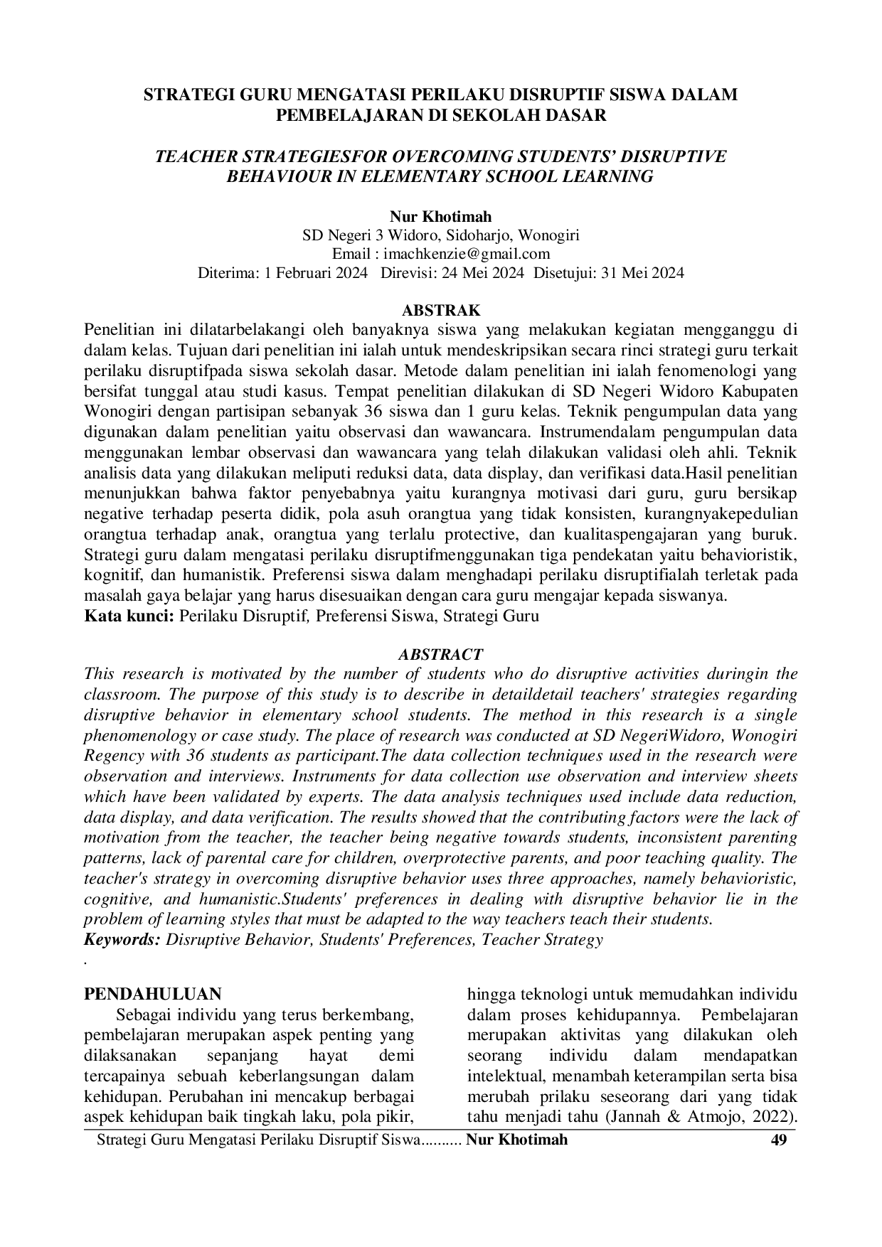 JURIS Strategi Guru Mengatasi Perilaku Disruptif Siswa Dalam Pembelajaran Di Sekolah Dasar