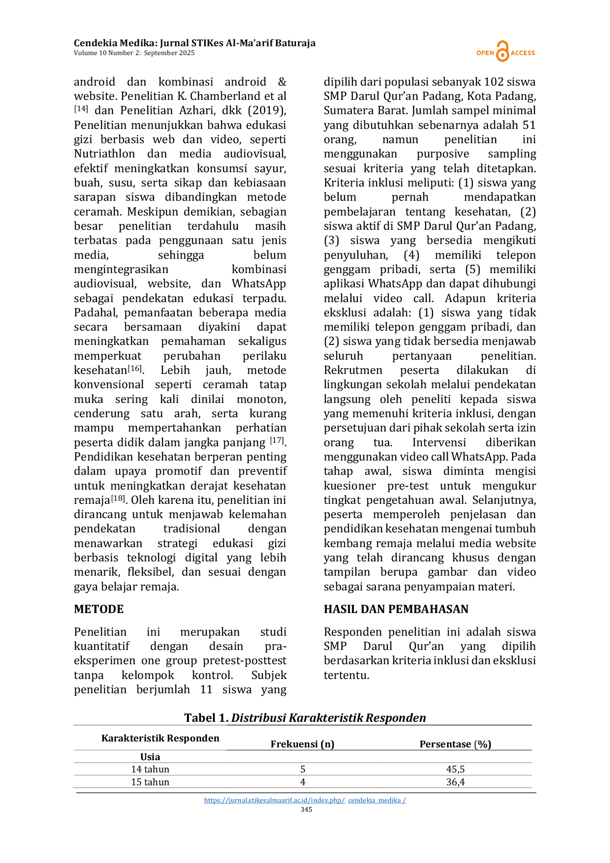 JURIS Media Audiovisual Berbasis Website Melalui WhatsApp Sebagai Sarana Edukasi Gizi Seimbang Pada Remaja Studi Pra Eksperimen