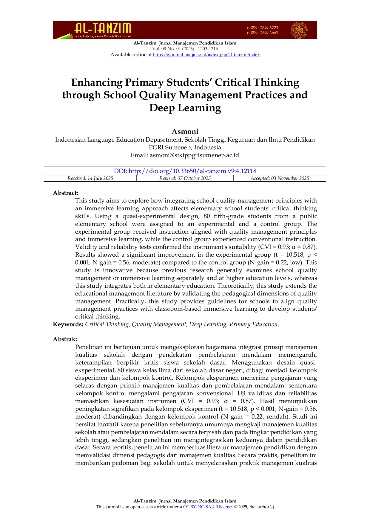 JURIS Enhancing Primary Students Critical Thinking through School Quality Management Practices and Deep Learning