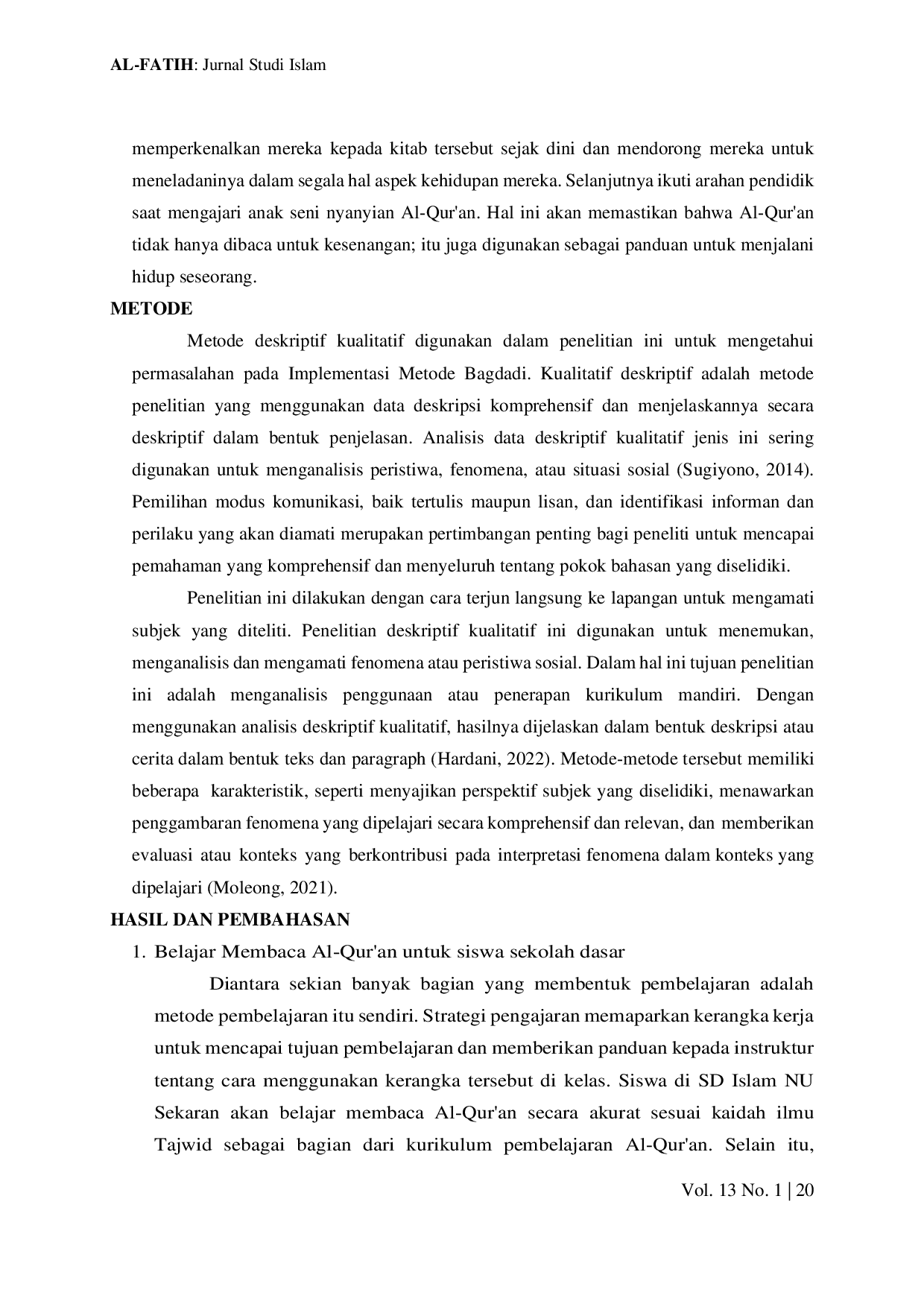 JURIS Penerapan Metode Al Baghdadi dalam Pembelajaran Al Qur an di SD Islam NU Sekaran Kediri