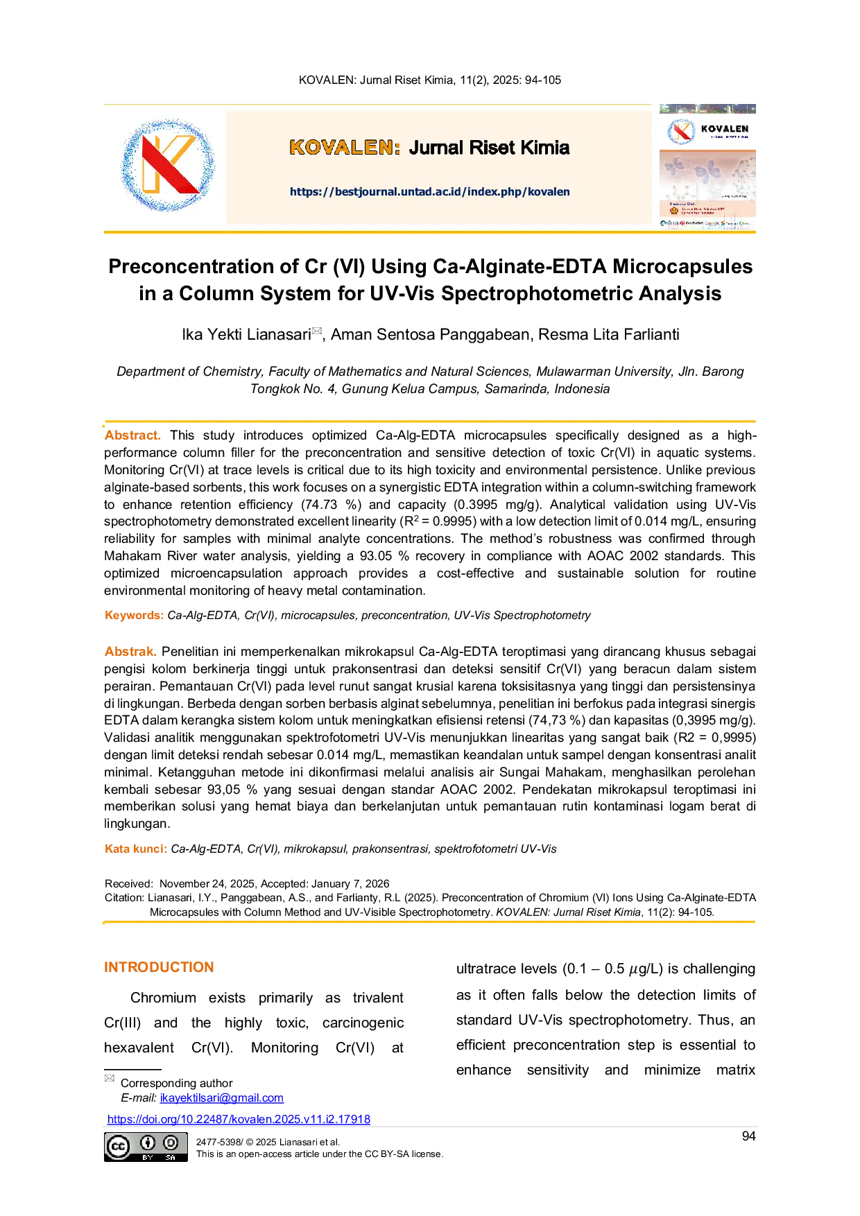 JURIS Preconcentration of Cr VI Using Ca Alginate EDTA Microcapsules in a Column System for UV Vis Spectrophotometric Analysis