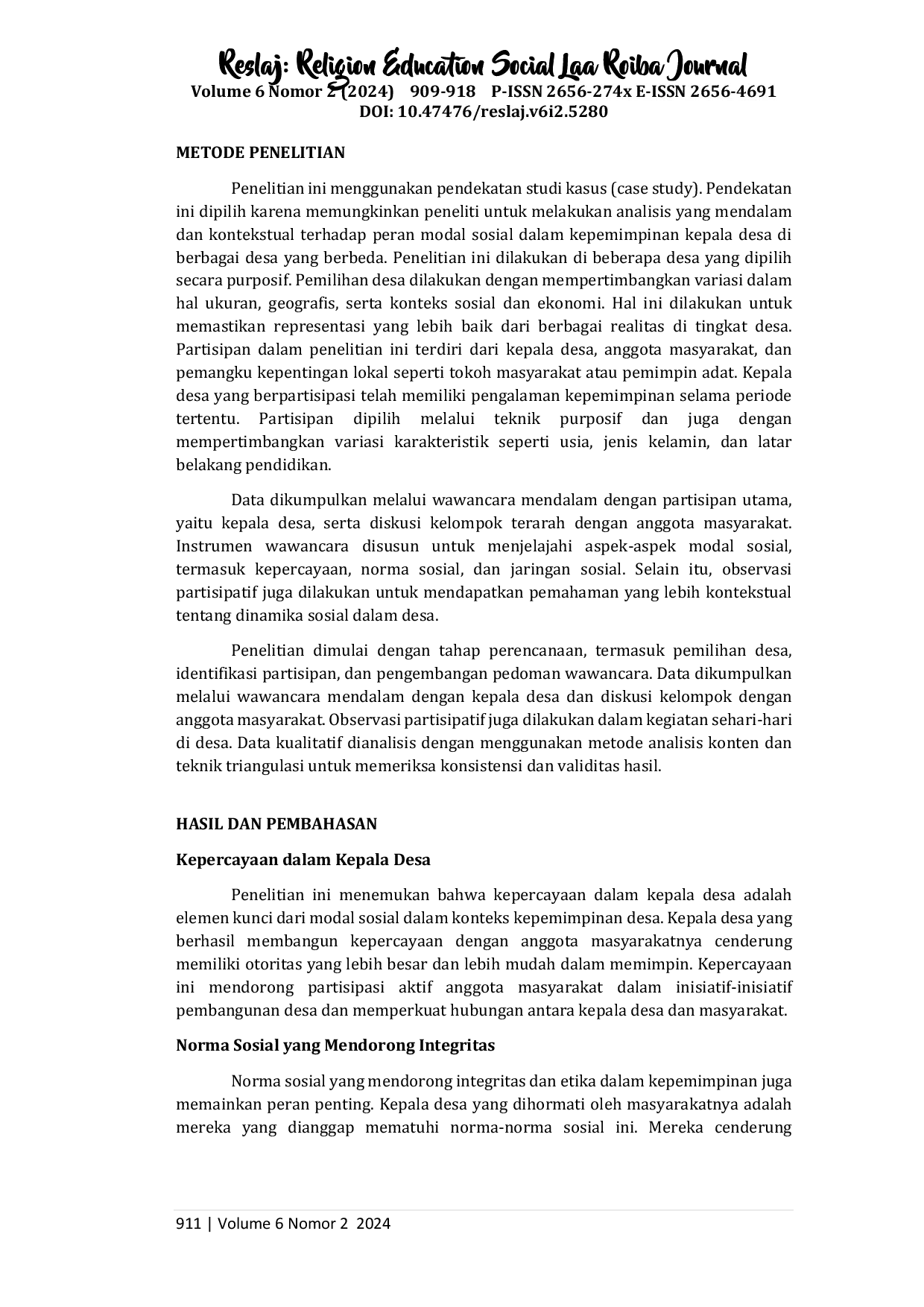 juris Analisis Modal Sosial dalam Kepemimpinan Kepala Desa Sewangi Studi Kasus Berdasarkan Teori Modal Sosial Putnam