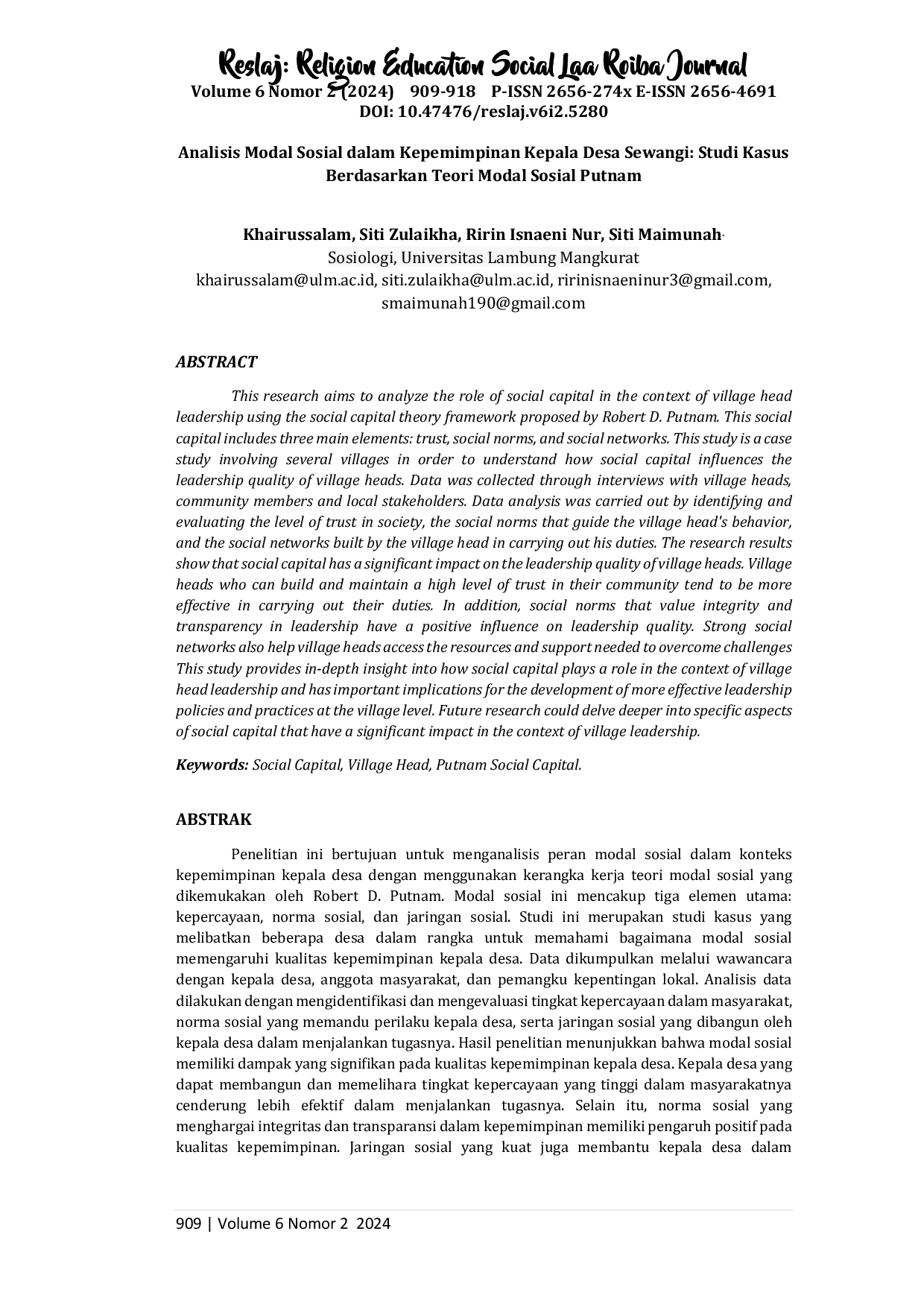 juris Analisis Modal Sosial dalam Kepemimpinan Kepala Desa Sewangi Studi Kasus Berdasarkan Teori Modal Sosial Putnam